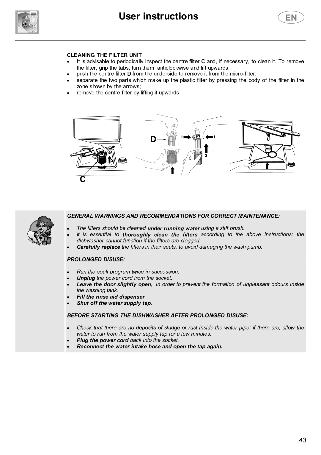 Smeg PL19K instruction manual Cleaning the Filter Unit, Prolonged Disuse 