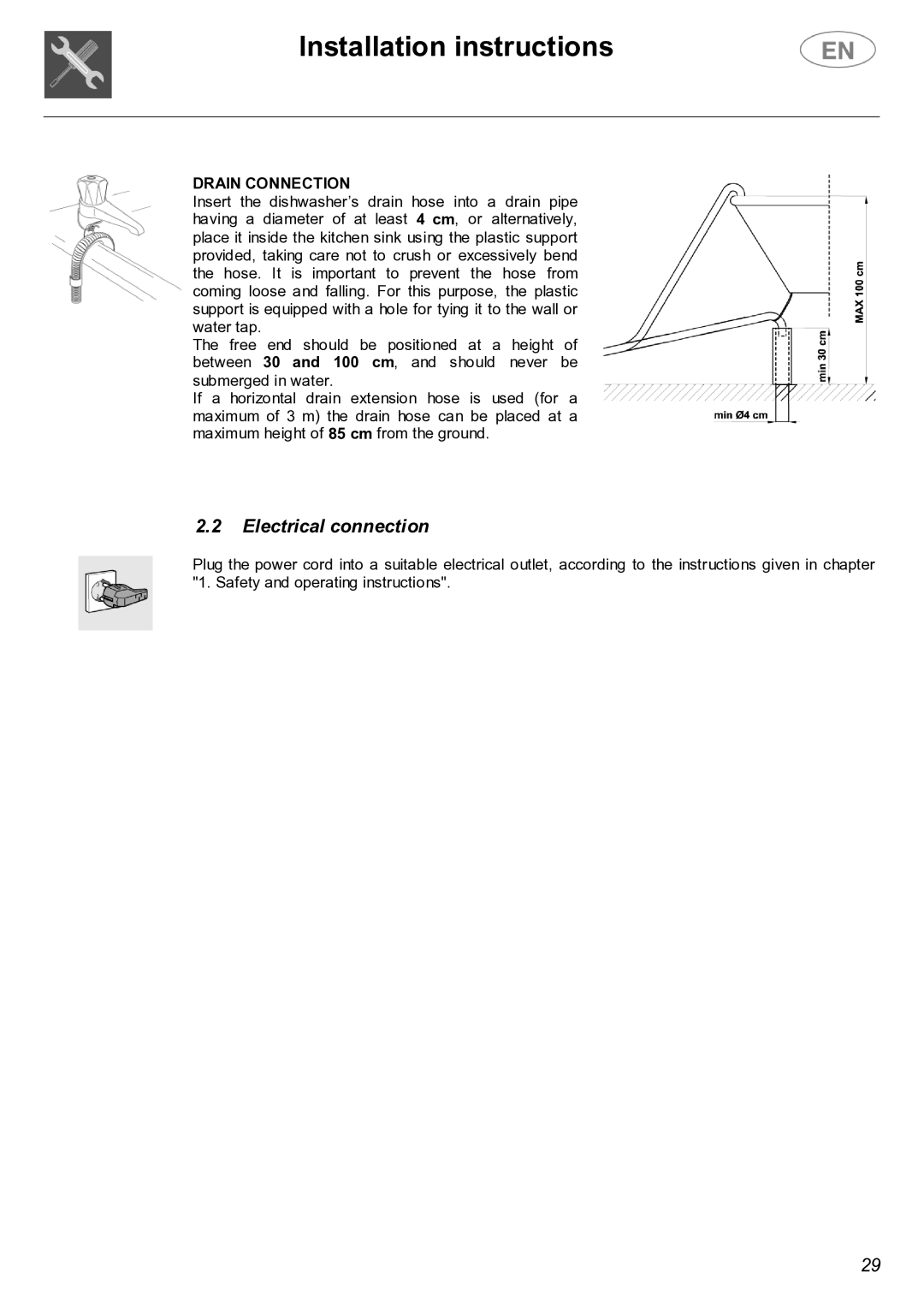 Smeg PL19K instruction manual Installation instructions, Electrical connection, Drain Connection 