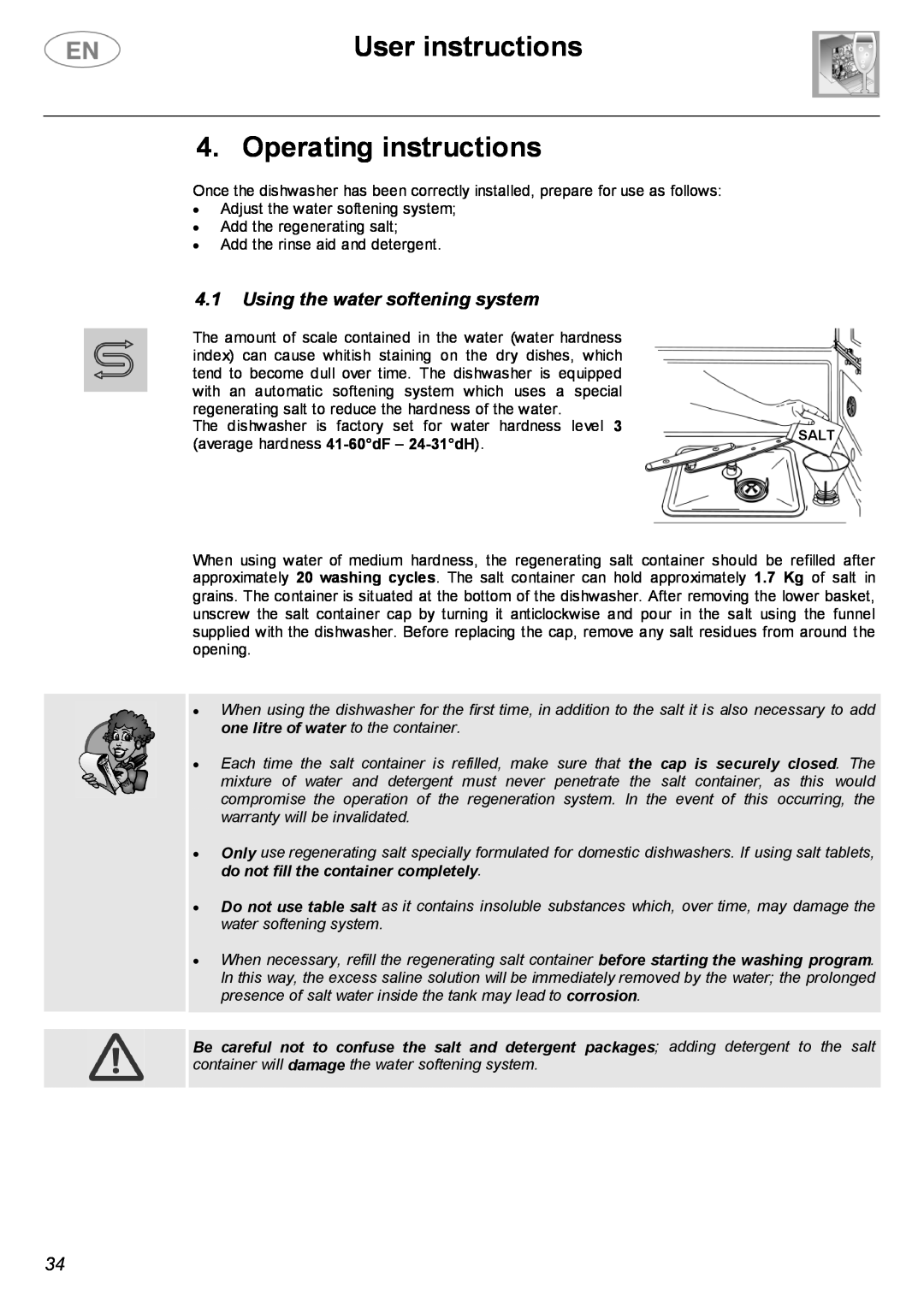 Smeg PL19K instruction manual User instructions 4. Operating instructions, Using the water softening system 