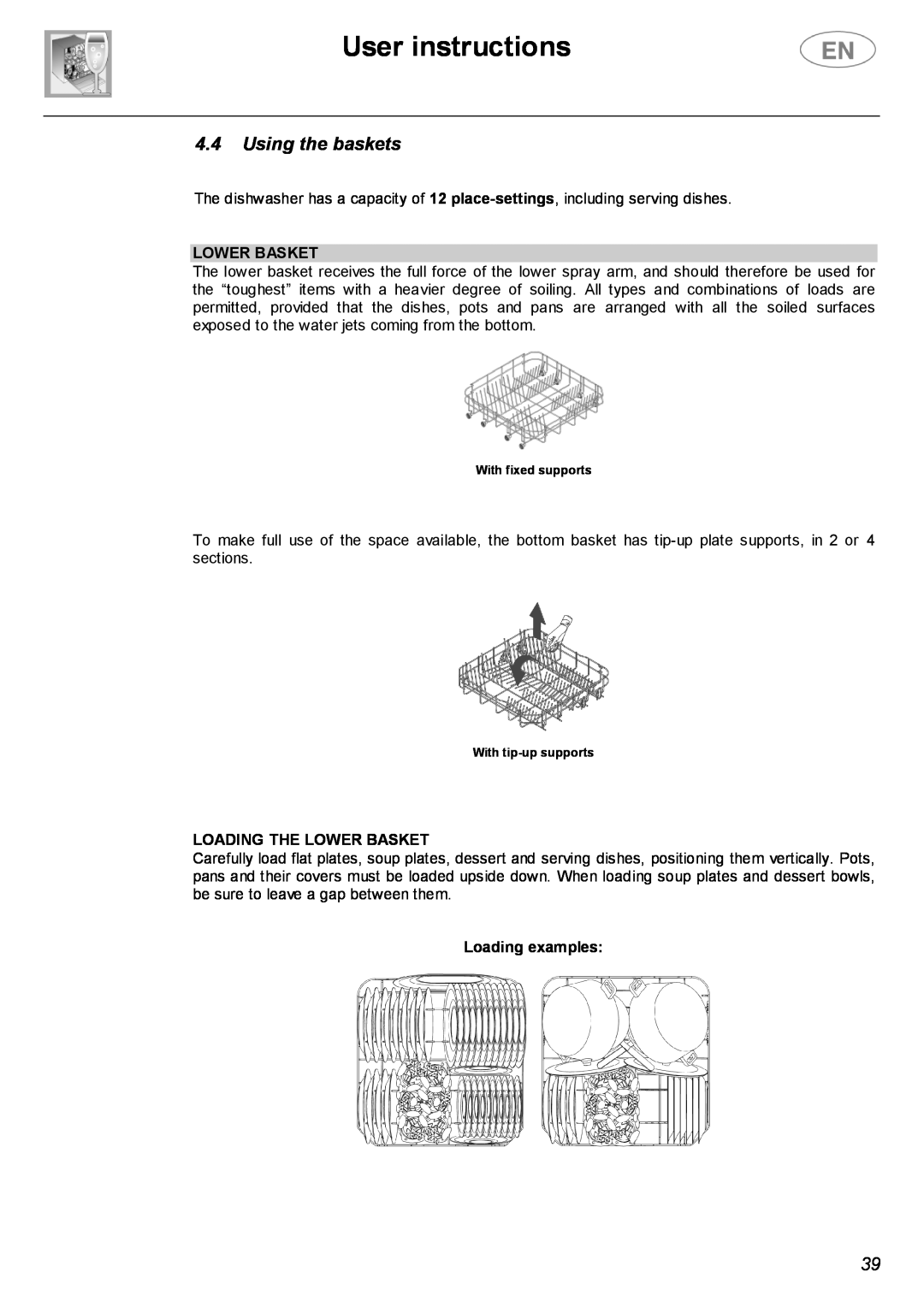 Smeg PL19K instruction manual Using the baskets, Loading The Lower Basket, Loading examples, User instructions 