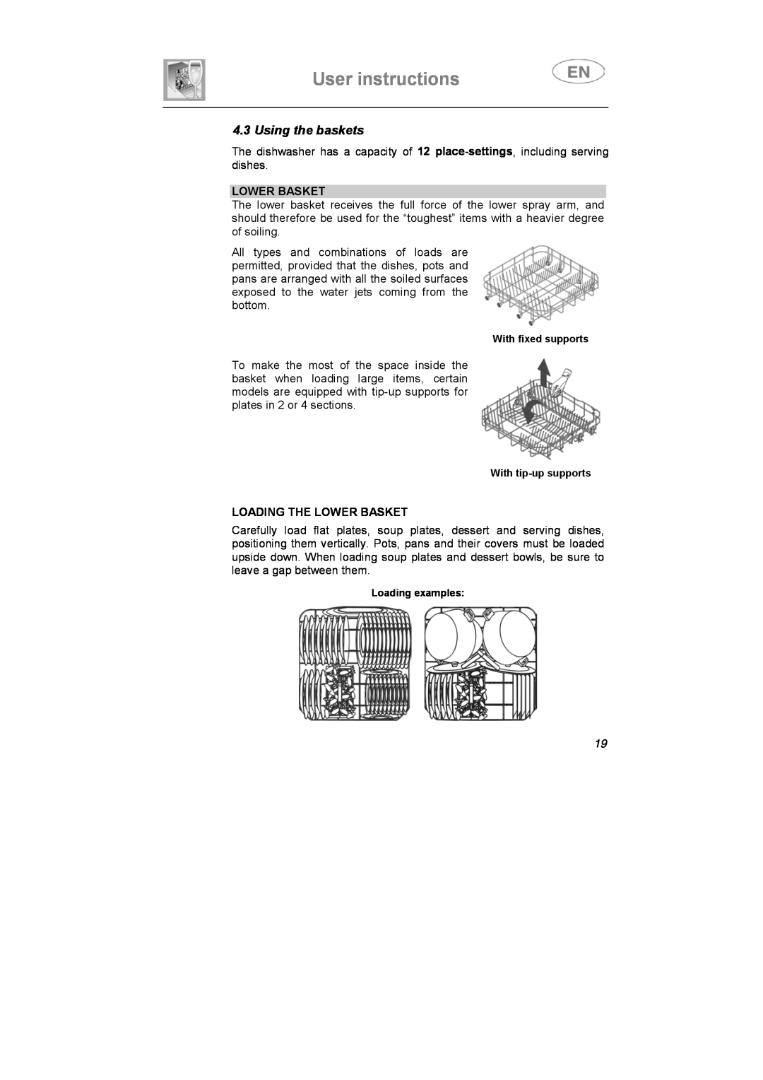 Smeg PL60XME instruction manual User instructions, Using the baskets, Loading The Lower Basket 