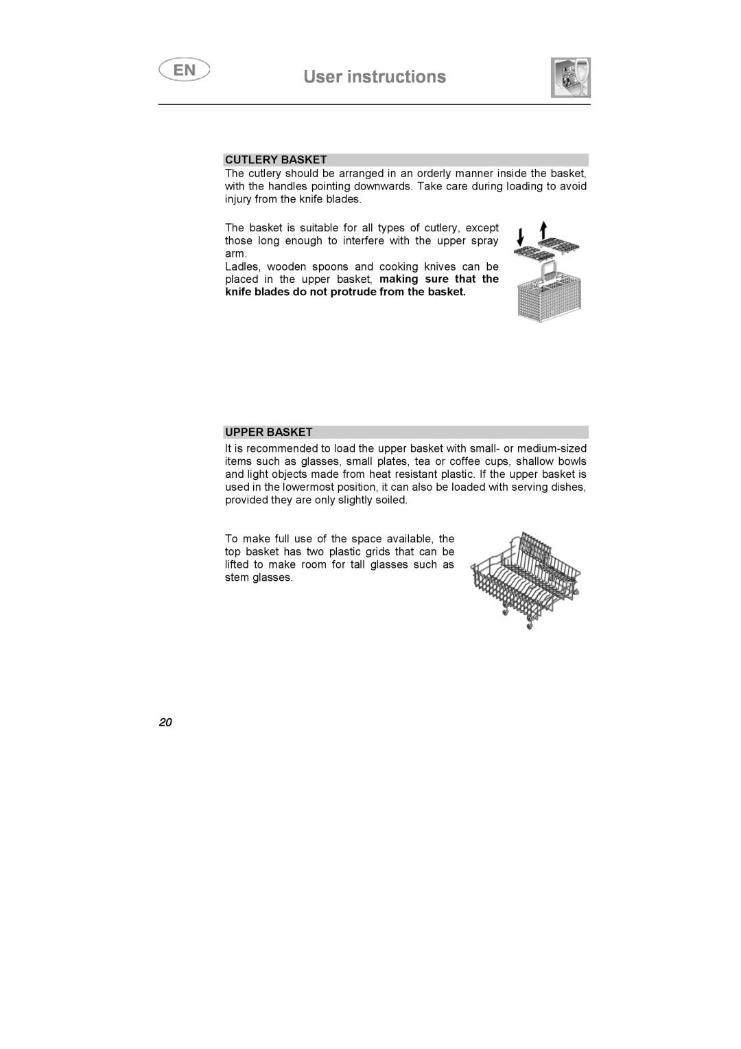 Smeg PL60XME instruction manual User instructions, Cutlery Basket, Upper Basket 