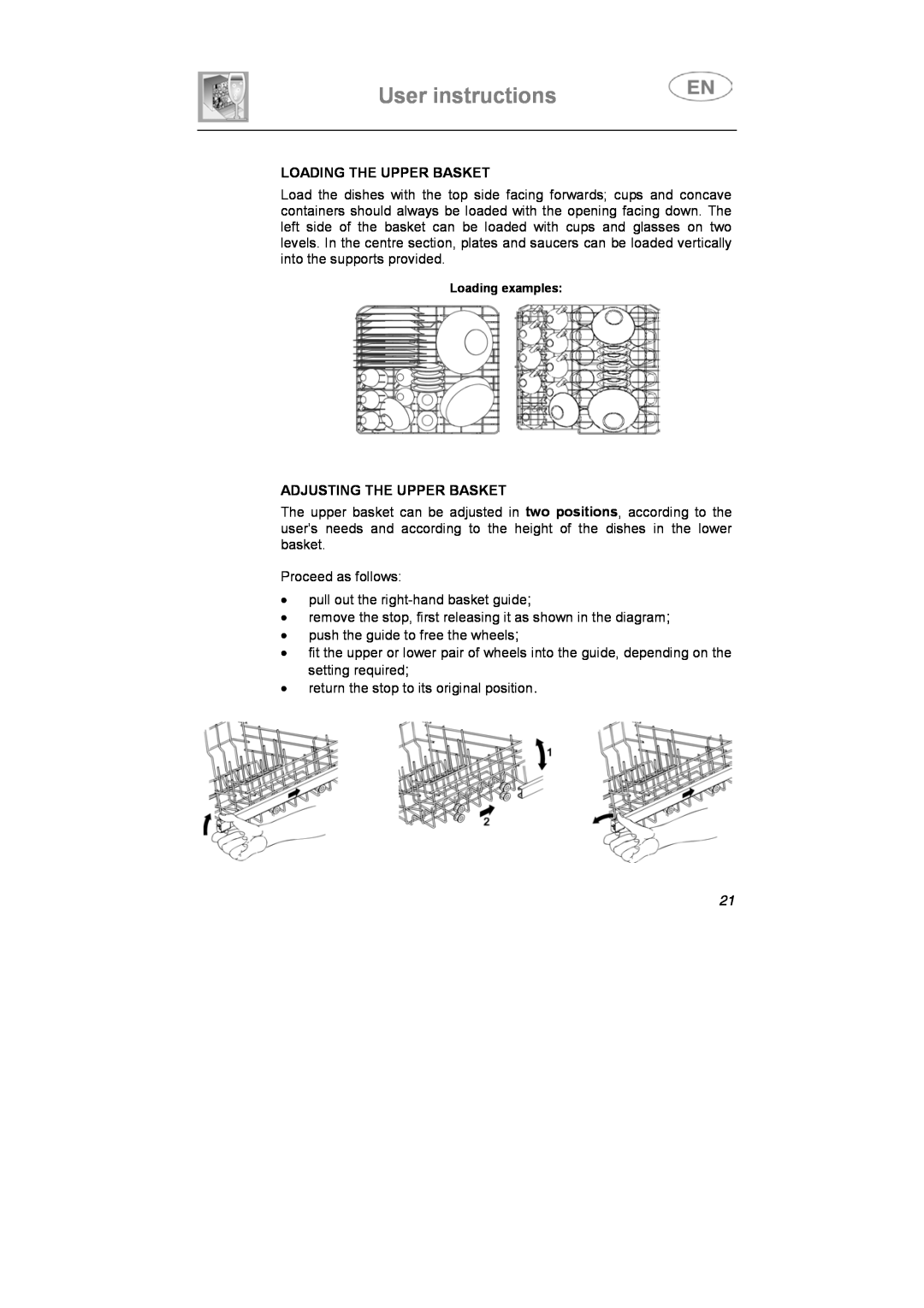 Smeg PL60XME instruction manual User instructions, Loading The Upper Basket, Adjusting The Upper Basket 