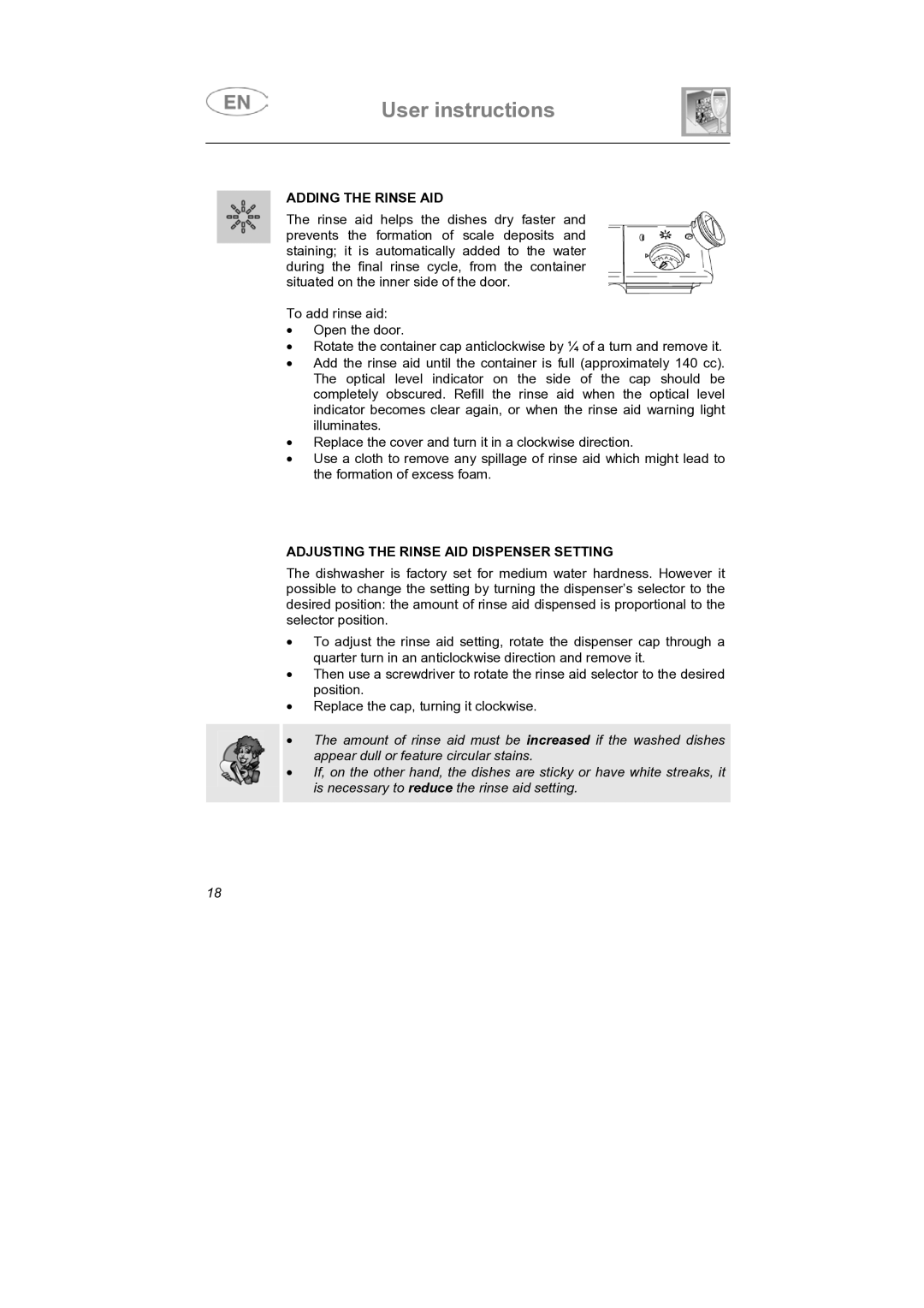 Smeg PLTW620, PLTW640X7 manual Adding the Rinse AID, Adjusting the Rinse AID Dispenser Setting 