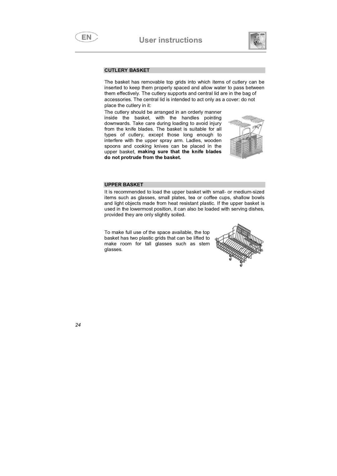 Smeg PLTW620, PLTW640X7 manual Cutlery Basket, Upper Basket 