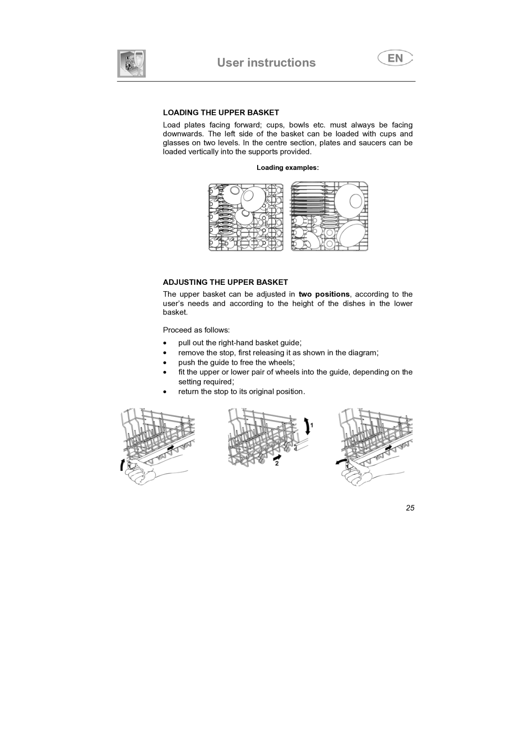 Smeg PLTW640X7, PLTW620 manual Loading the Upper Basket, Adjusting the Upper Basket 