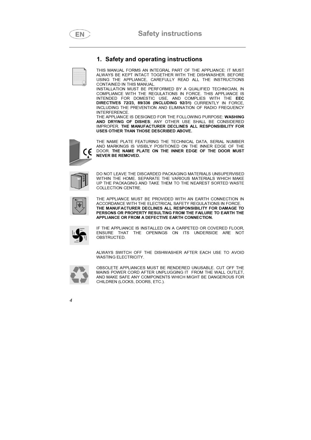 Smeg PLTW640X7, PLTW620 manual Safety instructions, Safety and operating instructions 