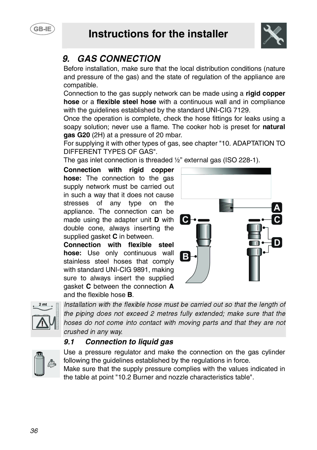 Smeg PS906 manual GAS Connection, Connection to liquid gas, Connection with rigid copper, Connection with flexible steel 