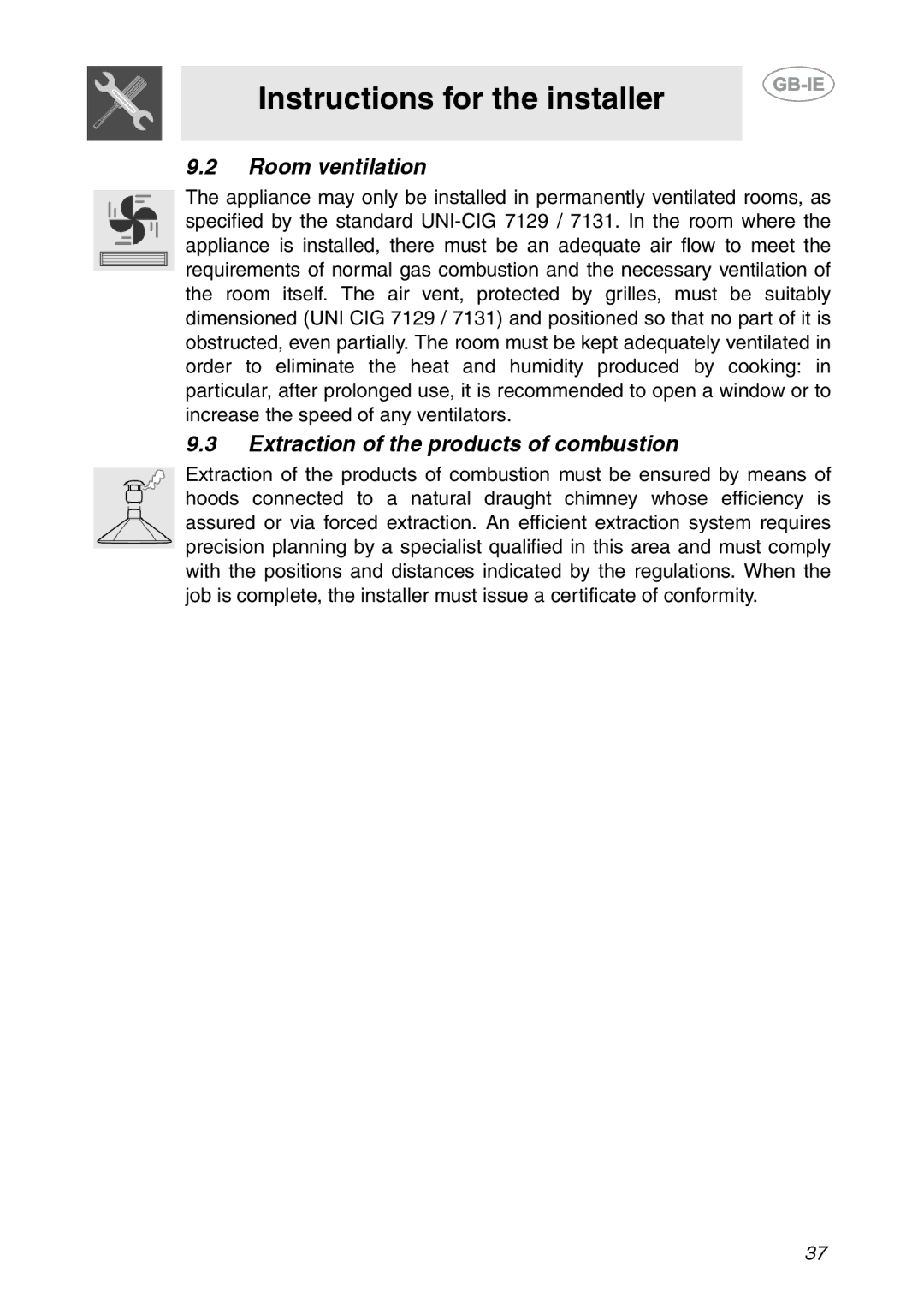 Smeg PS906 manual Room ventilation, Extraction of the products of combustion 