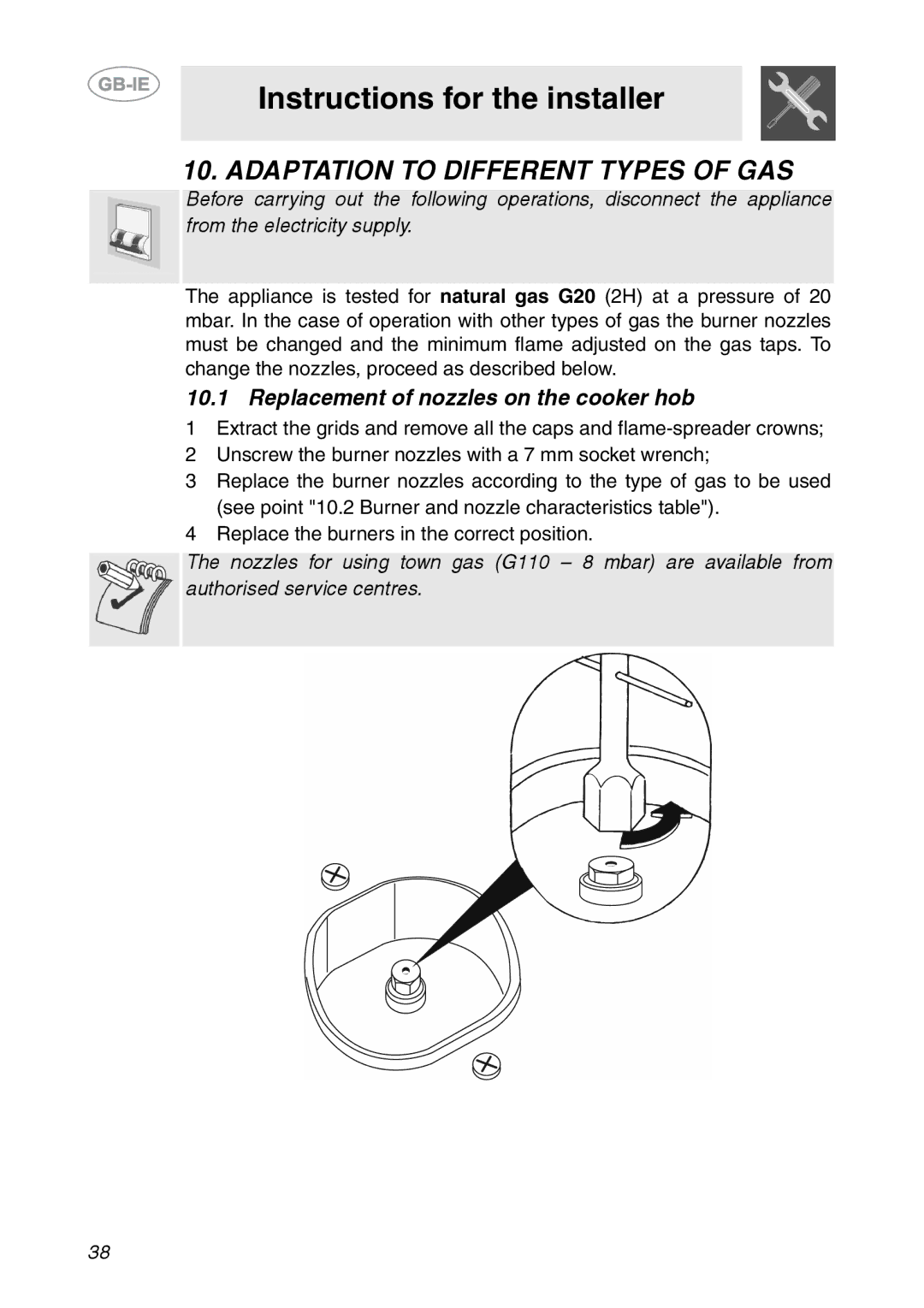 Smeg PS906 manual Adaptation to Different Types of GAS, Replacement of nozzles on the cooker hob 