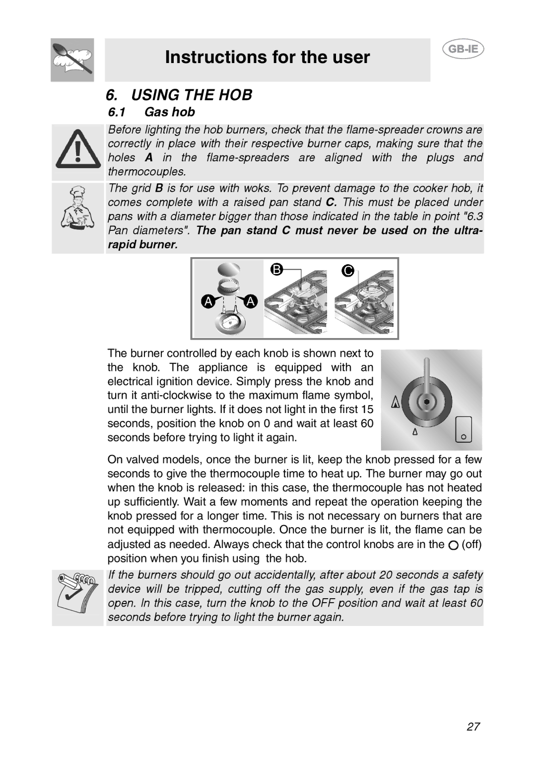 Smeg PS906 manual Using the HOB, Gas hob 