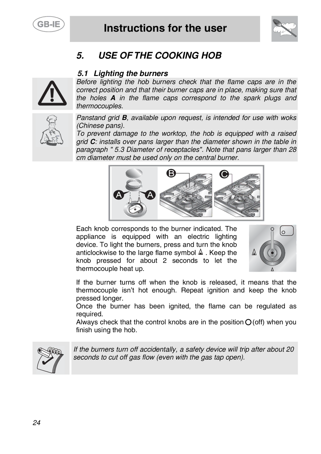 Smeg PS9R-3 manual Instructions for the user, USE of the Cooking HOB, Lighting the burners 