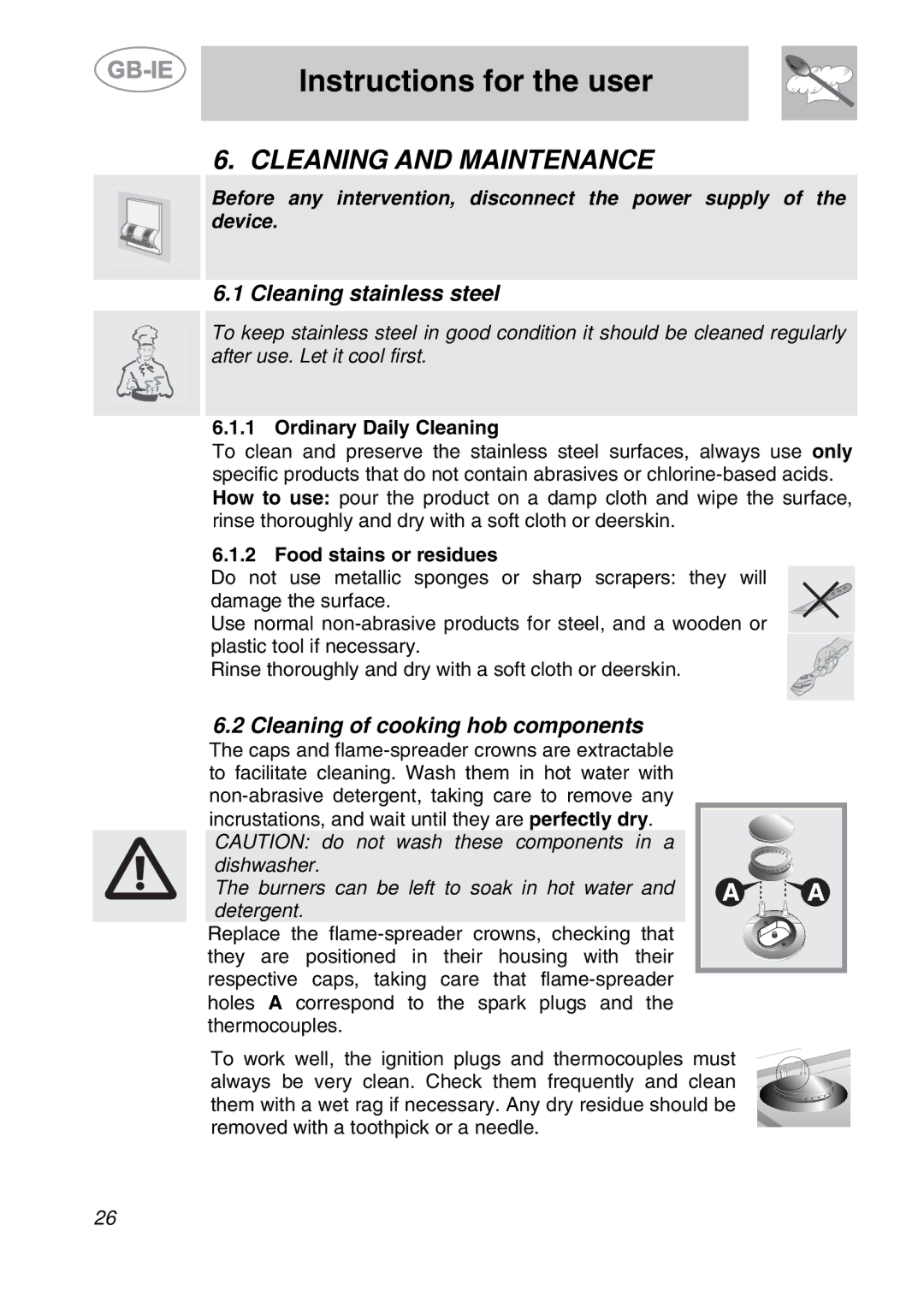 Smeg PS9R-3 manual Cleaning and Maintenance, Cleaning stainless steel, Cleaning of cooking hob components 