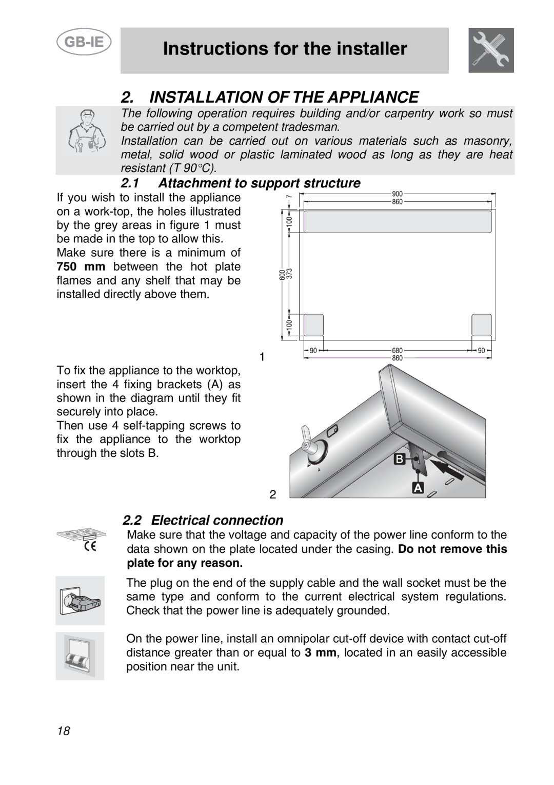 Smeg PS9R-3 manual Instructions for the installer, Installation of the Appliance, Attachment to support structure 