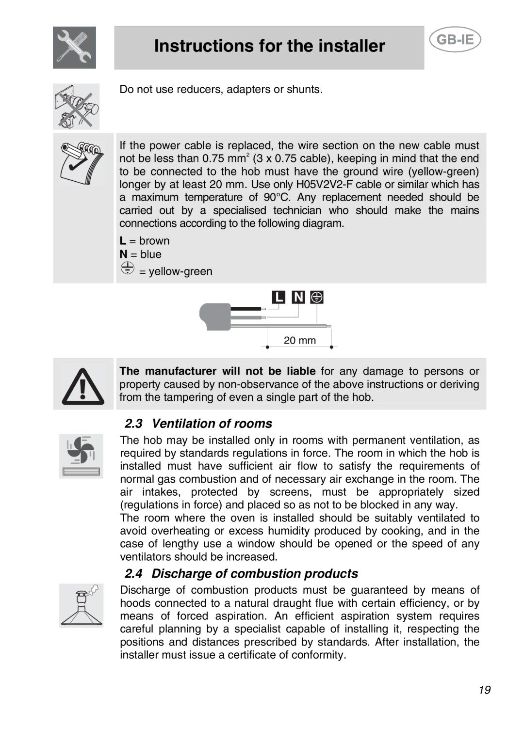 Smeg PS9R-3 manual Ventilation of rooms, Discharge of combustion products 