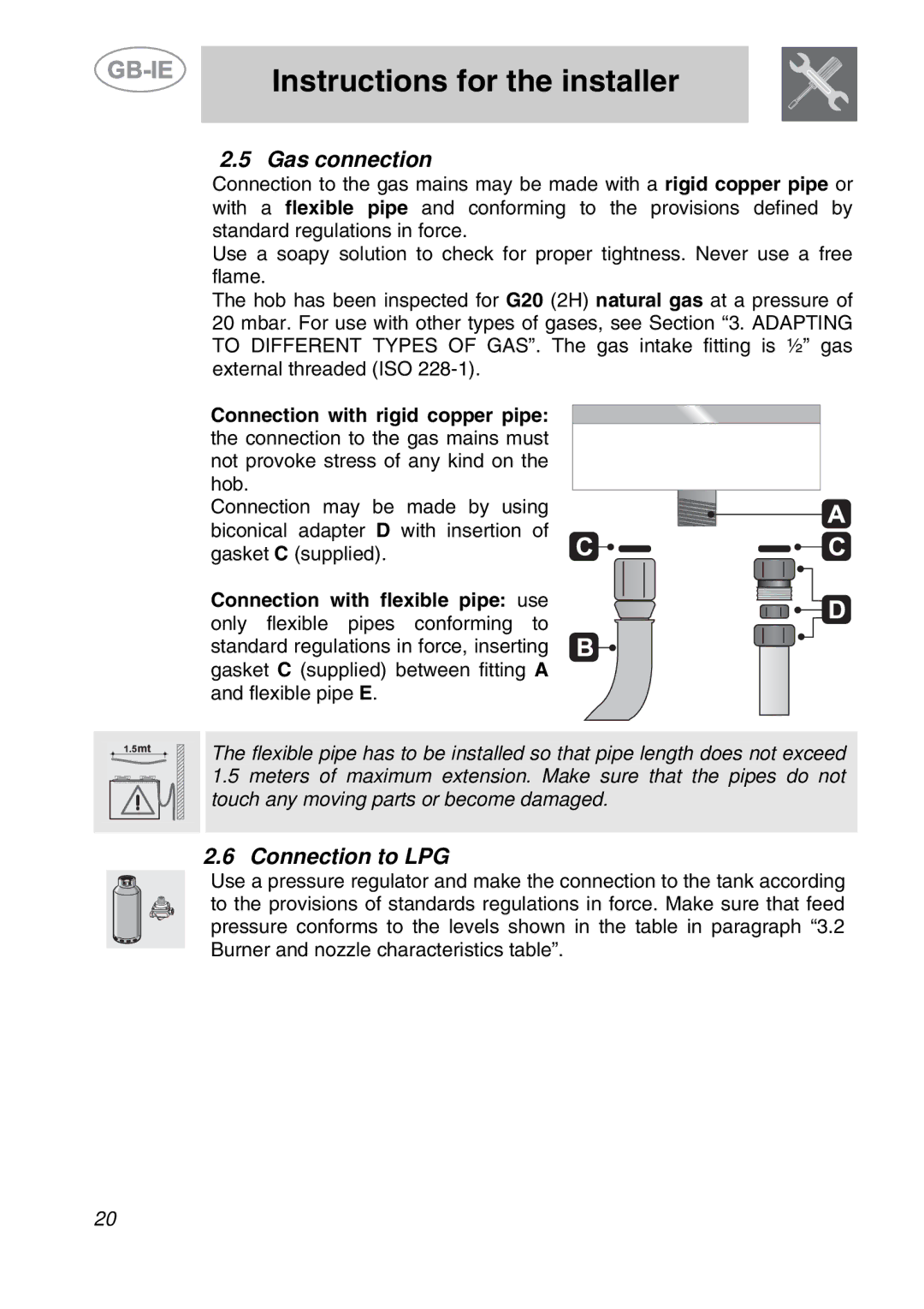 Smeg PS9R-3 manual Gas connection, Connection to LPG 