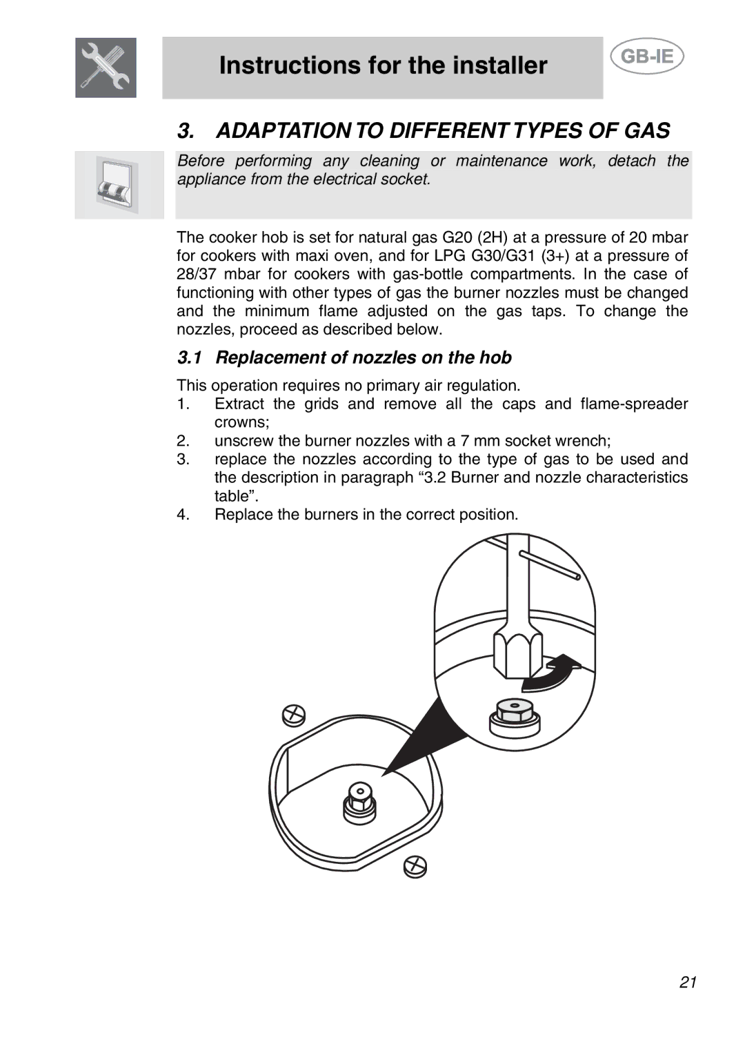 Smeg PS9R-3 manual Adaptation to Different Types of GAS, Replacement of nozzles on the hob 