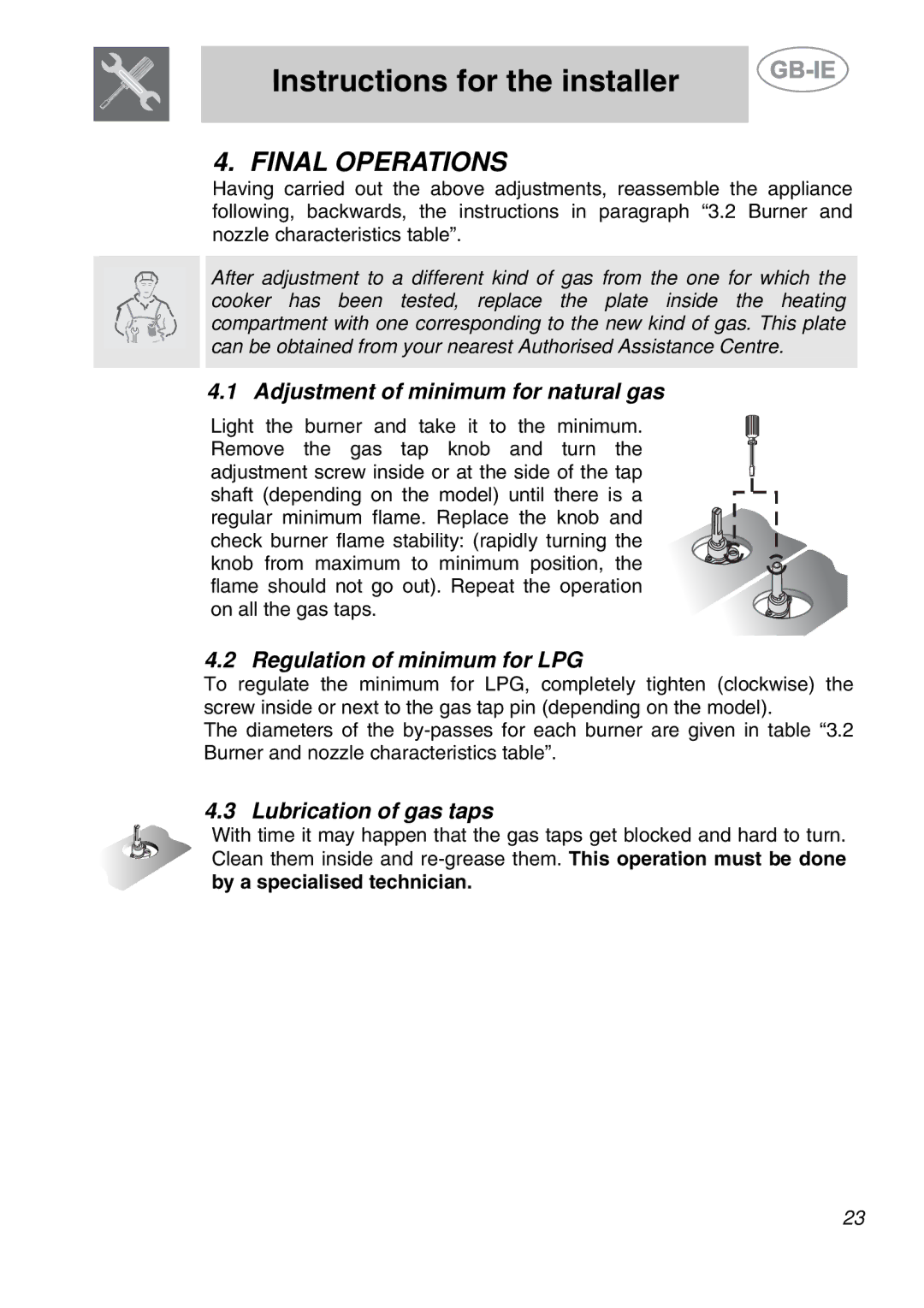 Smeg PS9R-3 manual Final Operations, Adjustment of minimum for natural gas, Regulation of minimum for LPG 