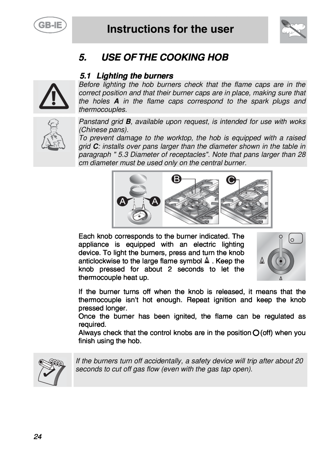 Smeg PS9R-3 manual Instructions for the user, Use Of The Cooking Hob, Lighting the burners 