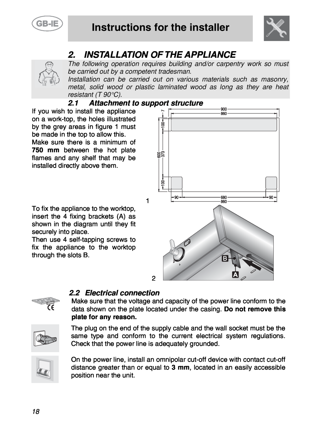 Smeg PS9R-3 manual Instructions for the installer, Installation Of The Appliance, Attachment to support structure 