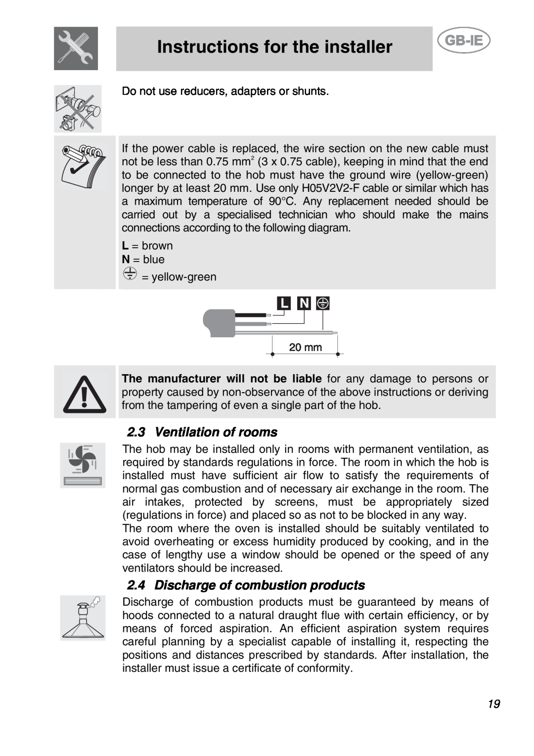 Smeg PS9R-3 manual Ventilation of rooms, Discharge of combustion products, Instructions for the installer 