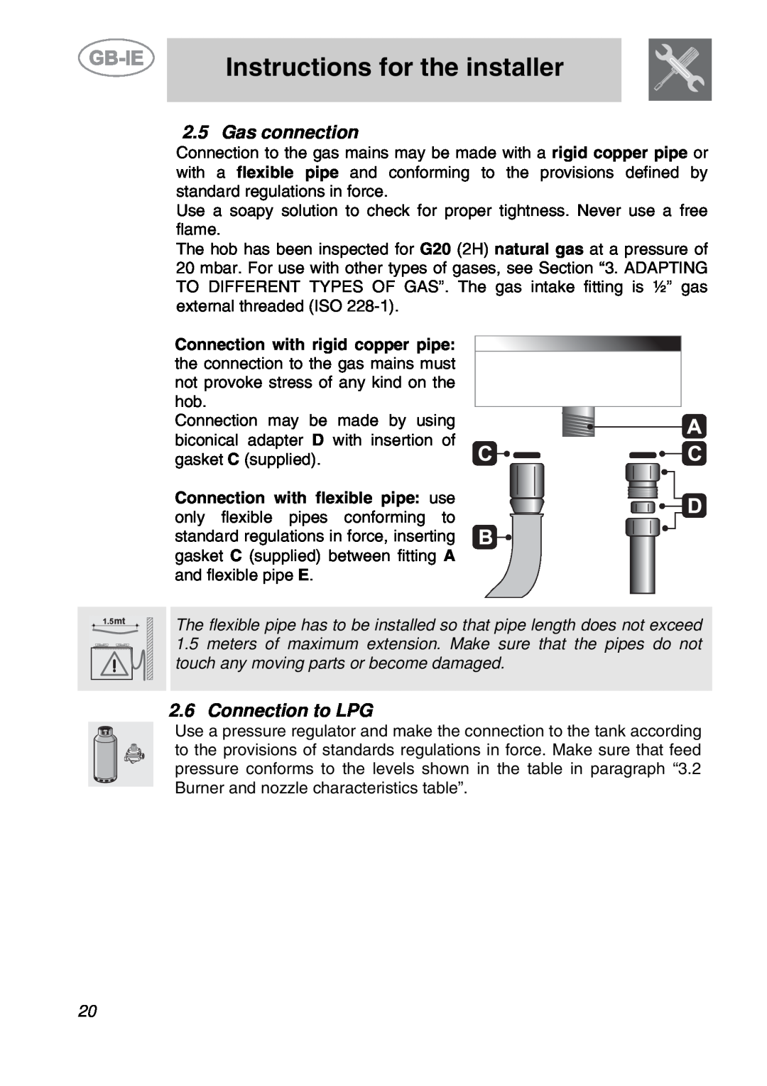 Smeg PS9R-3 manual Gas connection, Connection to LPG, Instructions for the installer 
