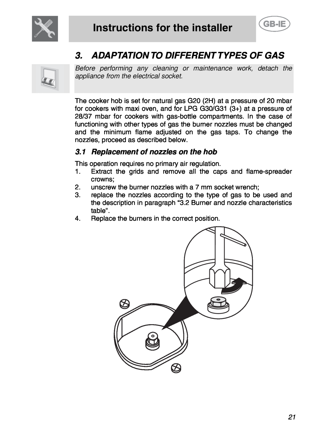 Smeg PS9R-3 manual Adaptation To Different Types Of Gas, Replacement of nozzles on the hob, Instructions for the installer 
