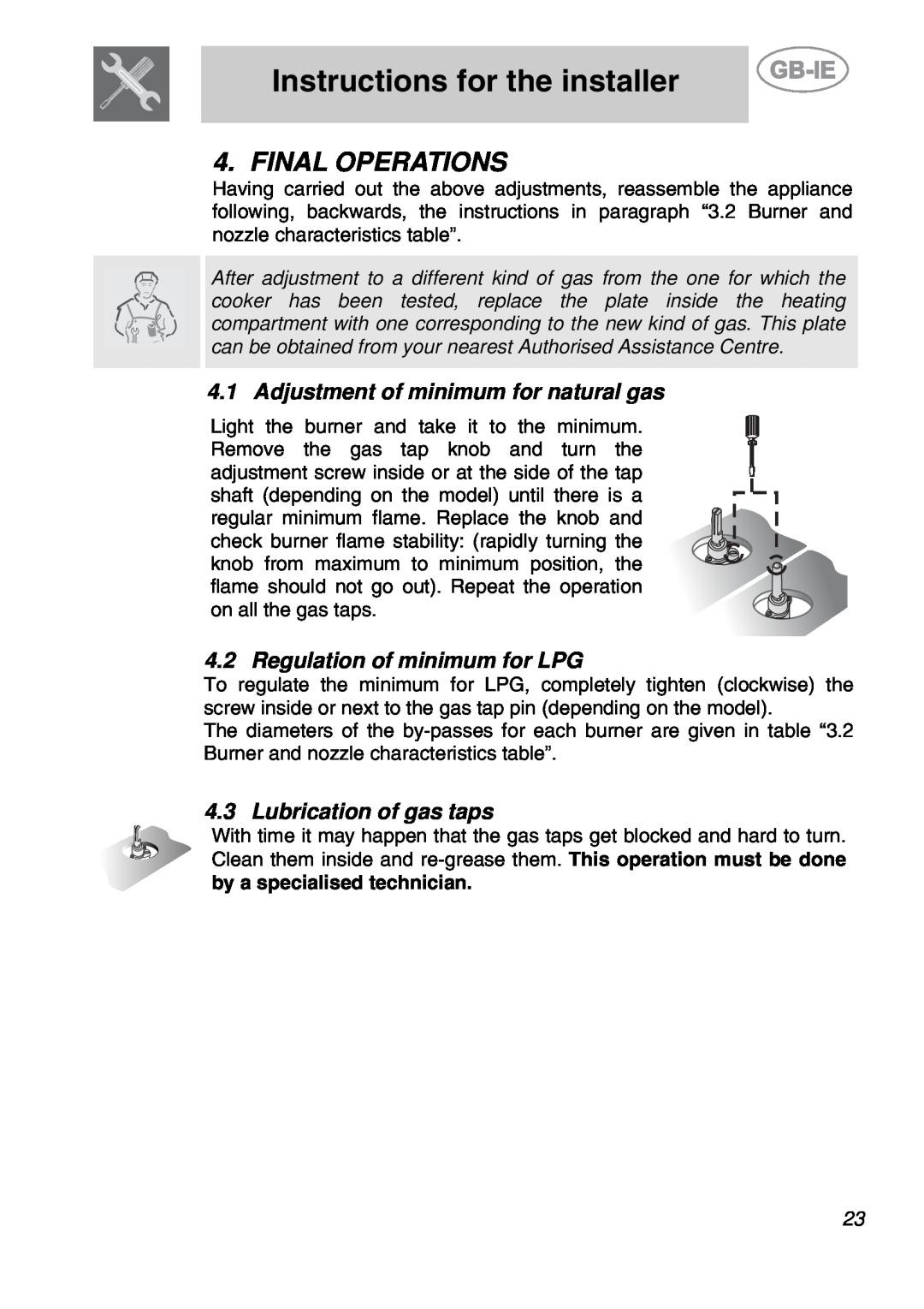 Smeg PS9R-3 manual Final Operations, Adjustment of minimum for natural gas, Regulation of minimum for LPG 