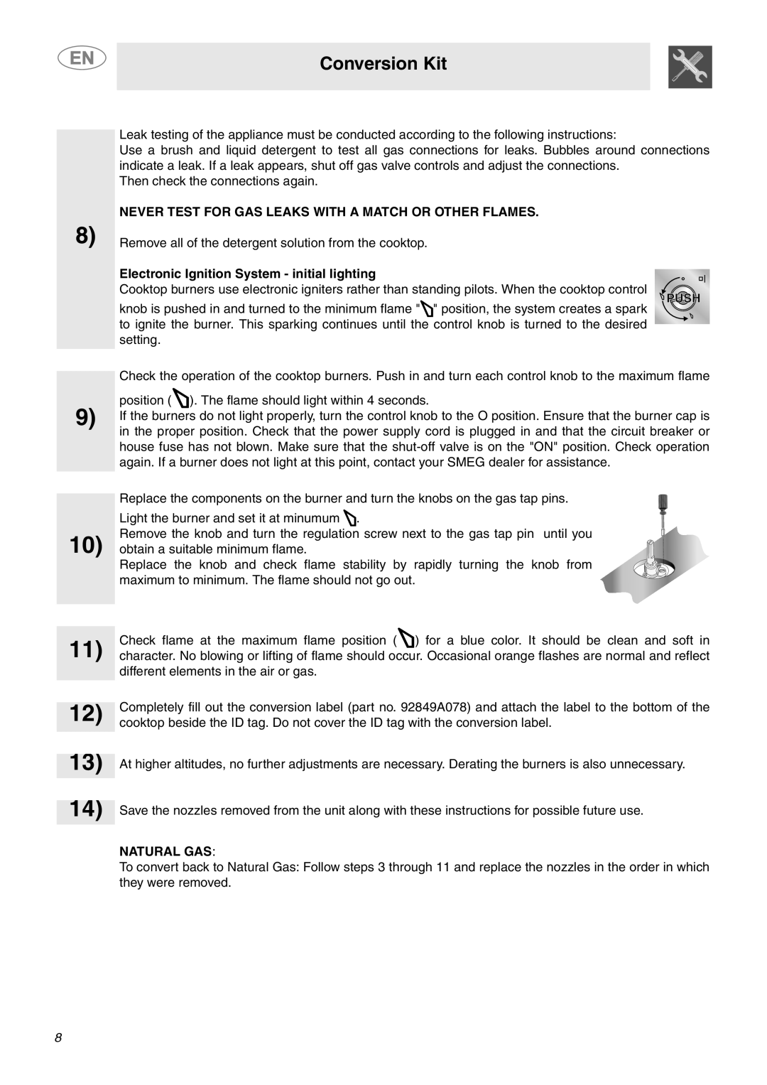 Smeg PTS605U3, PTS605BU3, PTS605NU3 Never Test for GAS Leaks with a Match or Other Flames, Natural GAS 