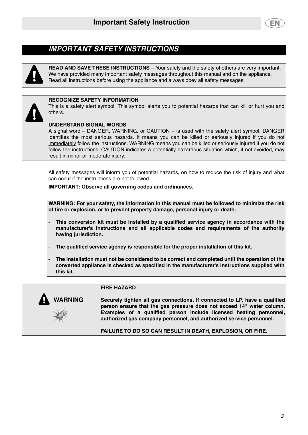 Smeg PTS605BU3 important safety instructions Important Safety Instruction, Recognize Safety Information, Fire Hazard 