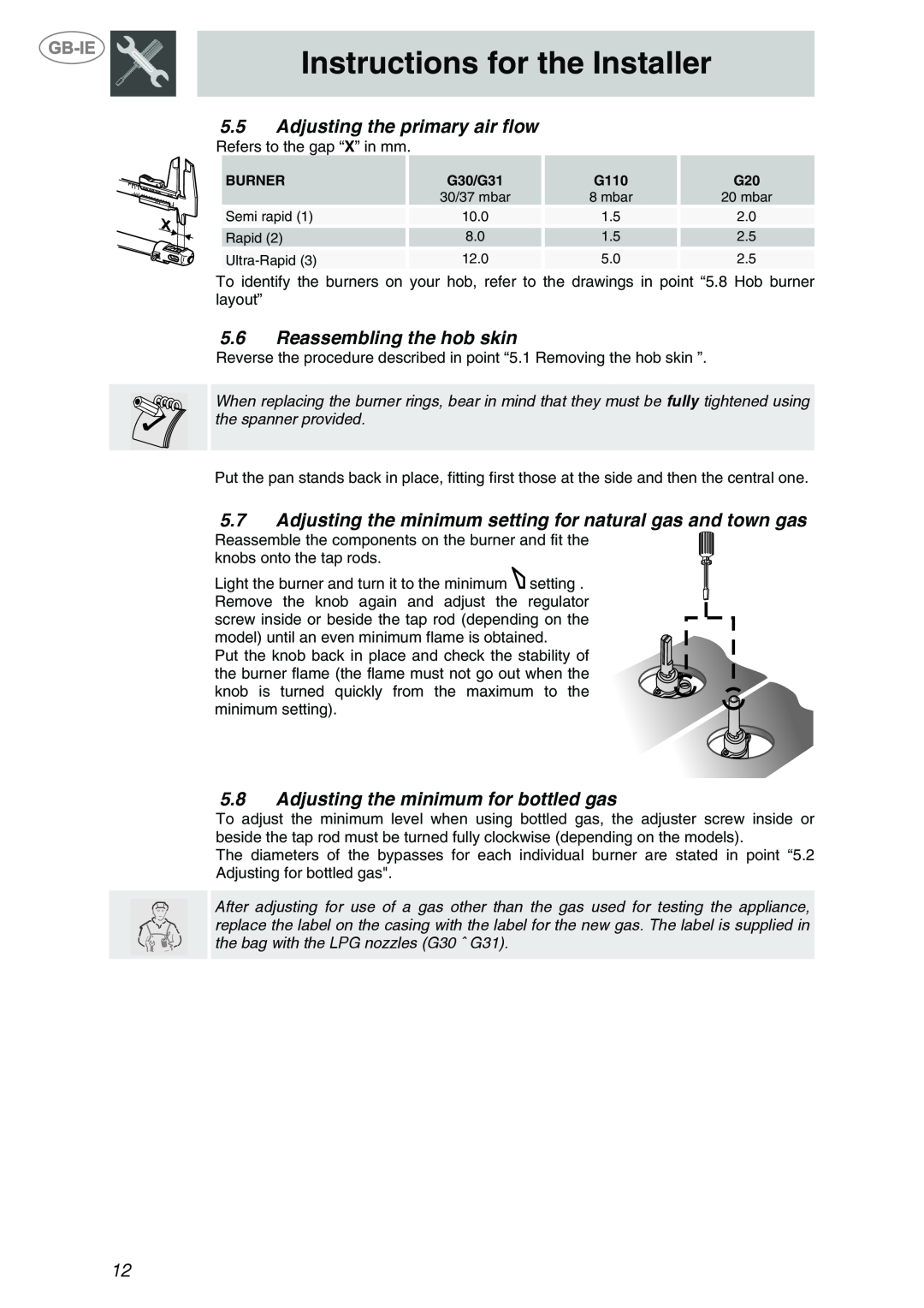 Smeg PTS723-3 manual Adjusting the primary air flow, Reassembling the hob skin, Adjusting the minimum for bottled gas 