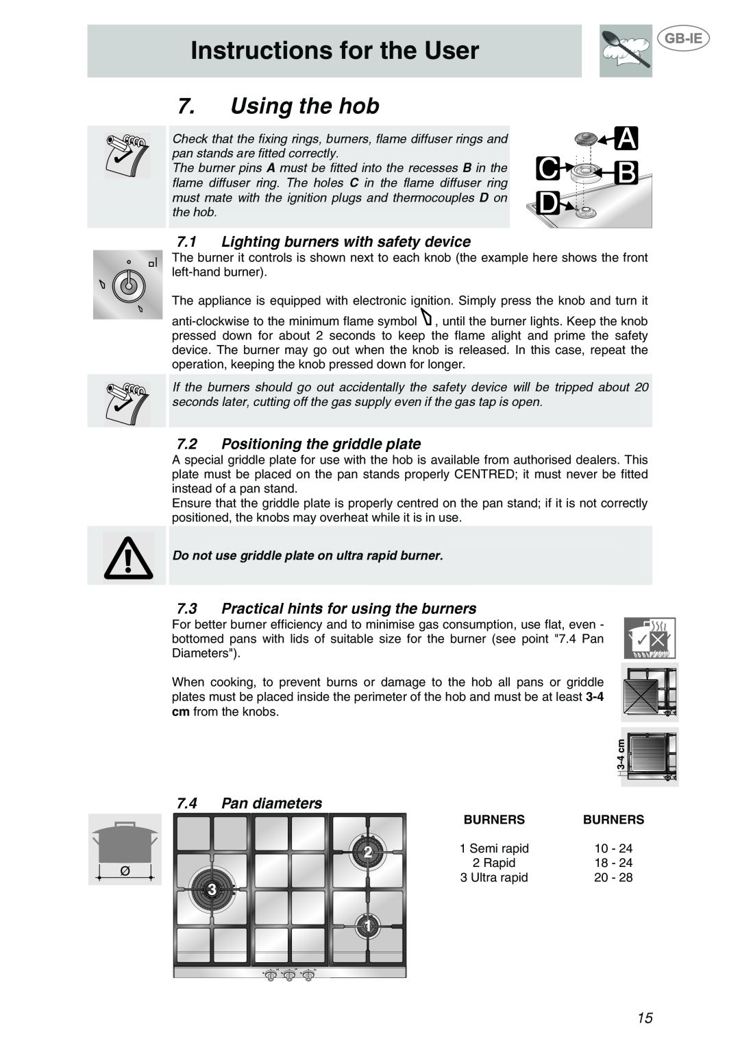 Smeg PTS723-3 manual Using the hob, Lighting burners with safety device, Positioning the griddle plate, Pan diameters 