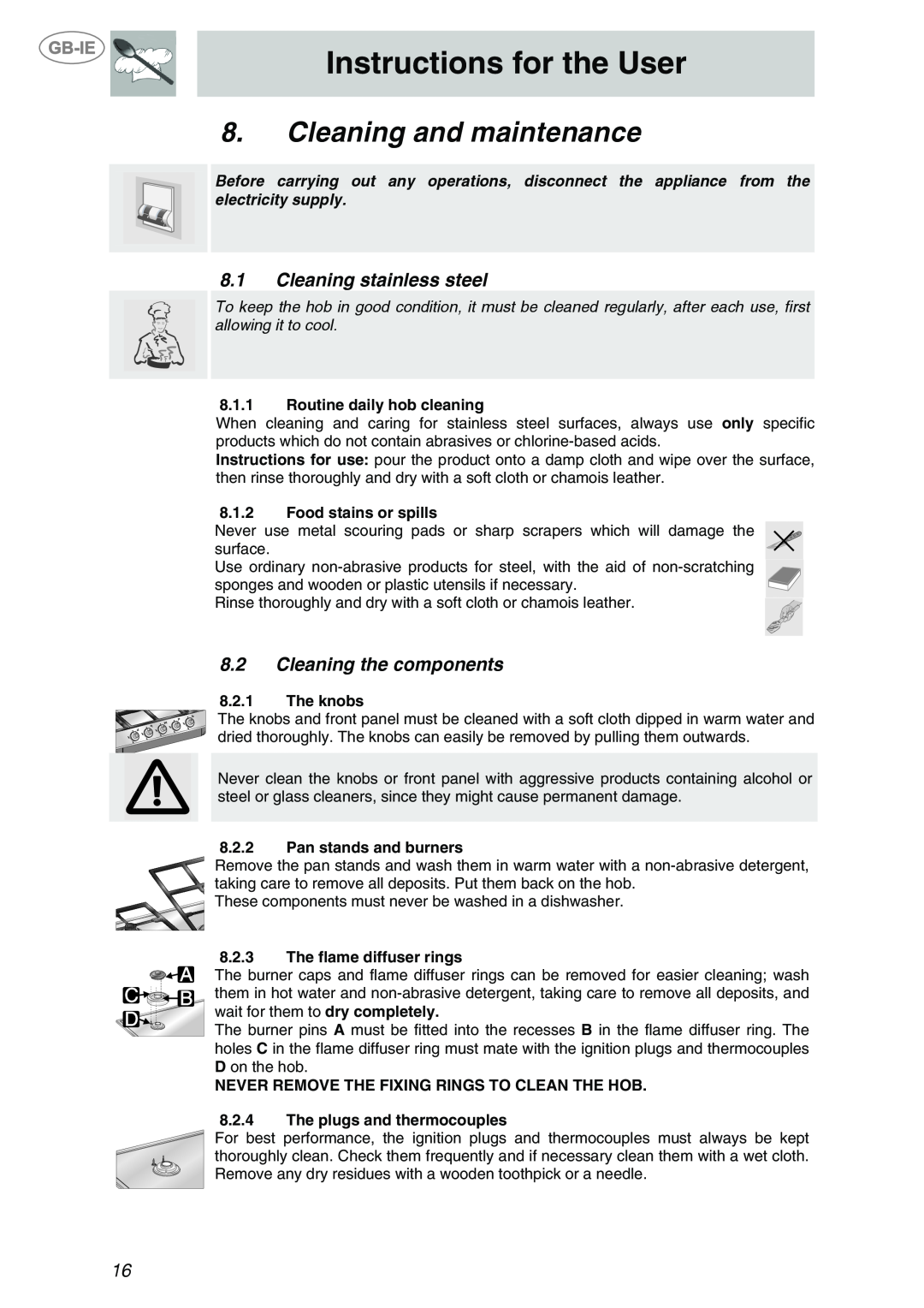 Smeg PTS723-3 manual Cleaning and maintenance, Cleaning stainless steel, Cleaning the components, Instructions for the User 