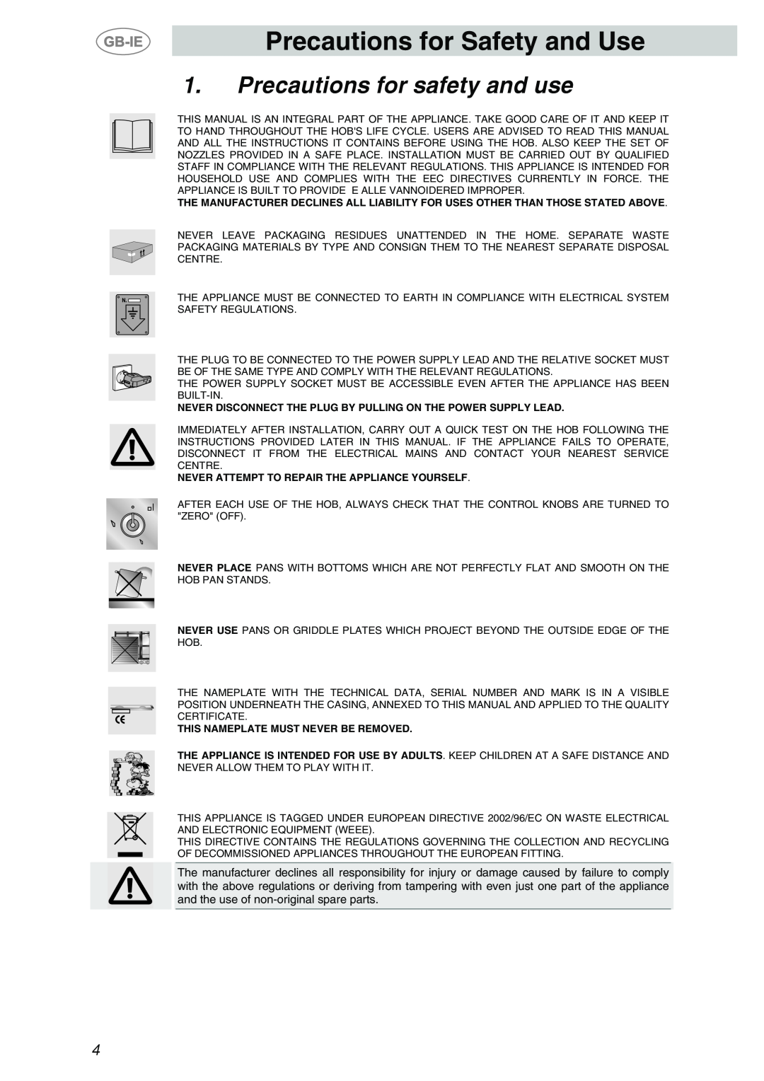 Smeg PTS723-3 manual Precautions for Safety and Use, Precautions for safety and use, This Nameplate Must Never Be Removed 