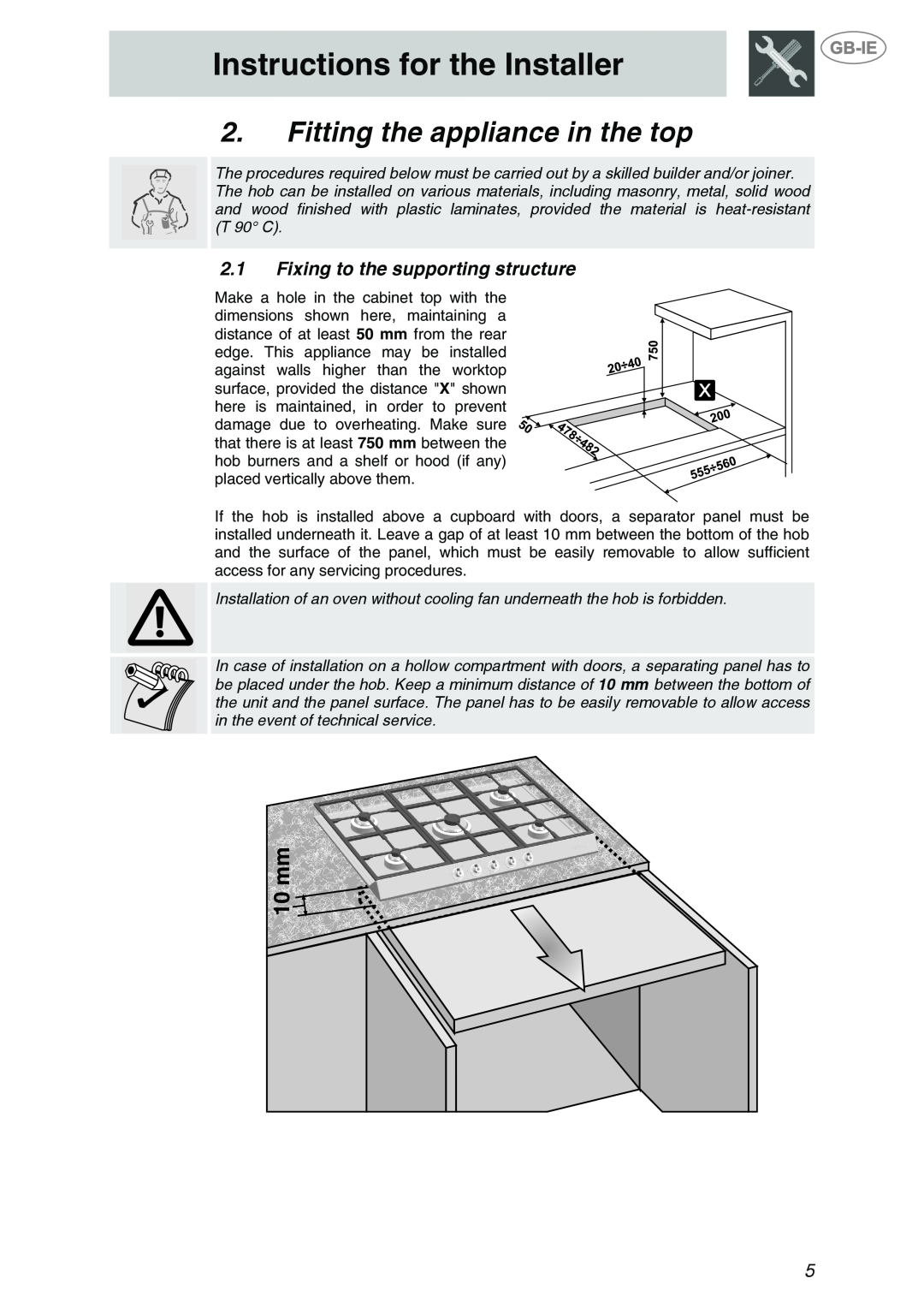 Smeg PTS723-3 manual Instructions for the Installer, Fitting the appliance in the top, Fixing to the supporting structure 