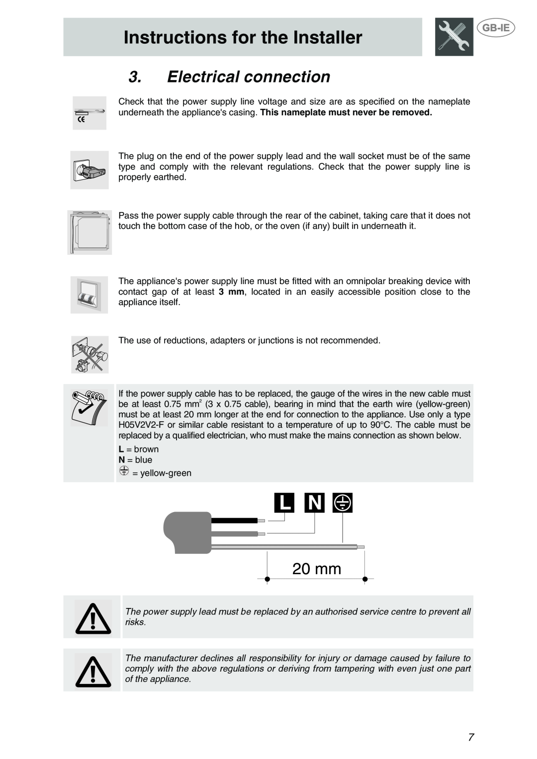 Smeg PTS723-3 manual Electrical connection, Instructions for the Installer 