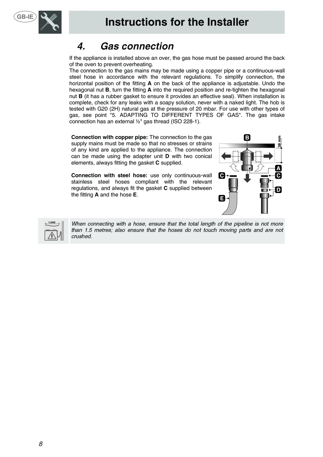 Smeg PTS723-3 manual Gas connection, Instructions for the Installer 