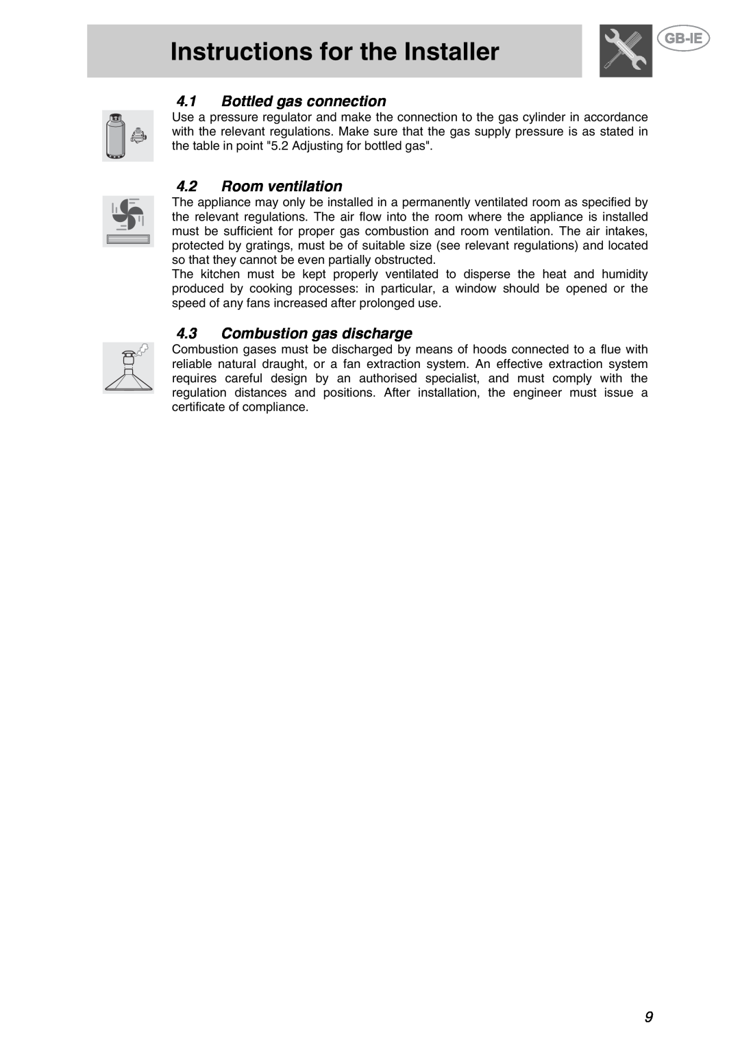 Smeg PTS723-3 manual Bottled gas connection, Room ventilation, Combustion gas discharge, Instructions for the Installer 