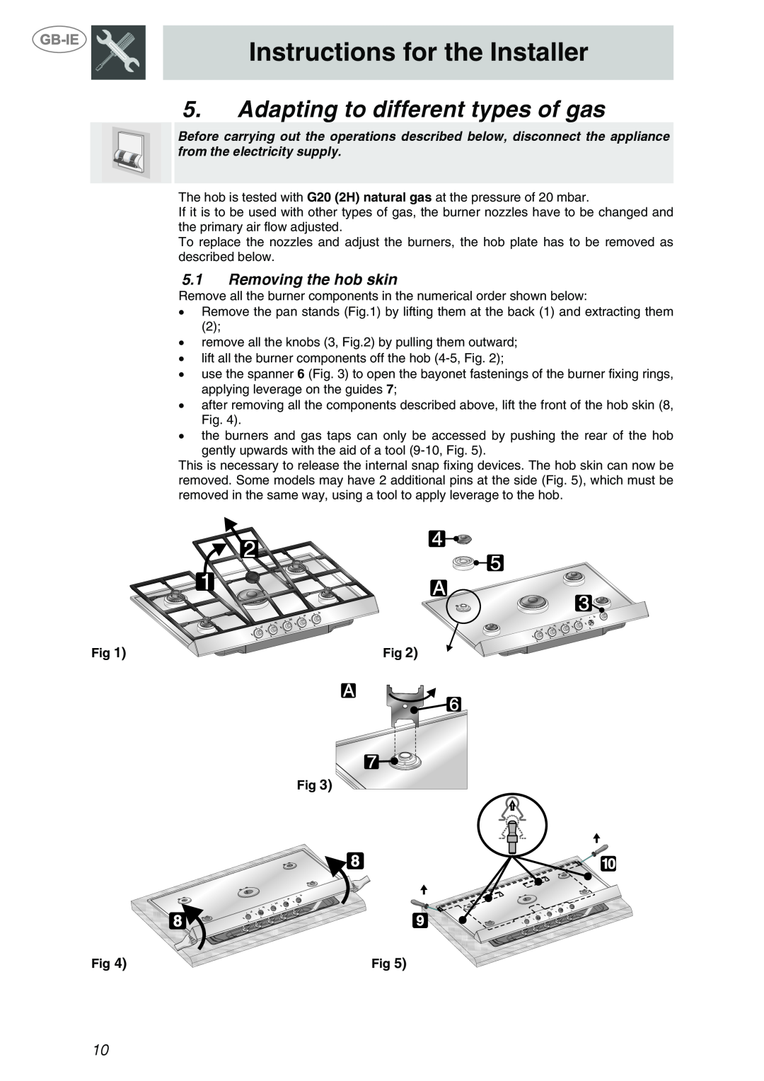 Smeg PTS723-3 manual Adapting to different types of gas, Removing the hob skin, Instructions for the Installer 