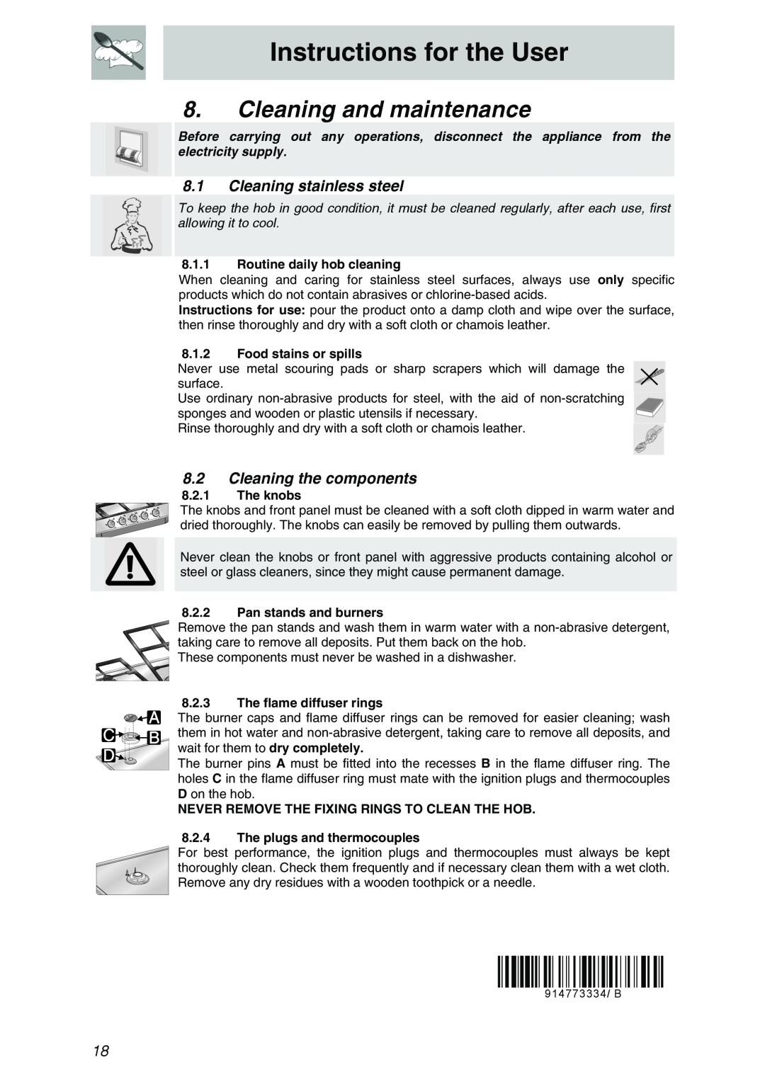 Smeg PTSA725X3 Cleaning and maintenance, Cleaning stainless steel, Cleaning the components, Routine daily hob cleaning 