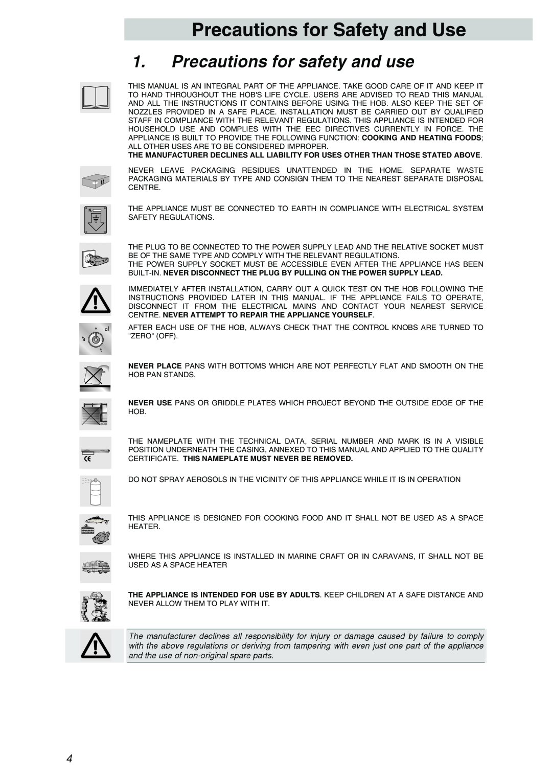 Smeg PTSA726X5, PTSA725X3, PTSA727X5, PTSA605-3 manual Precautions for Safety and Use, Precautions for safety and use 