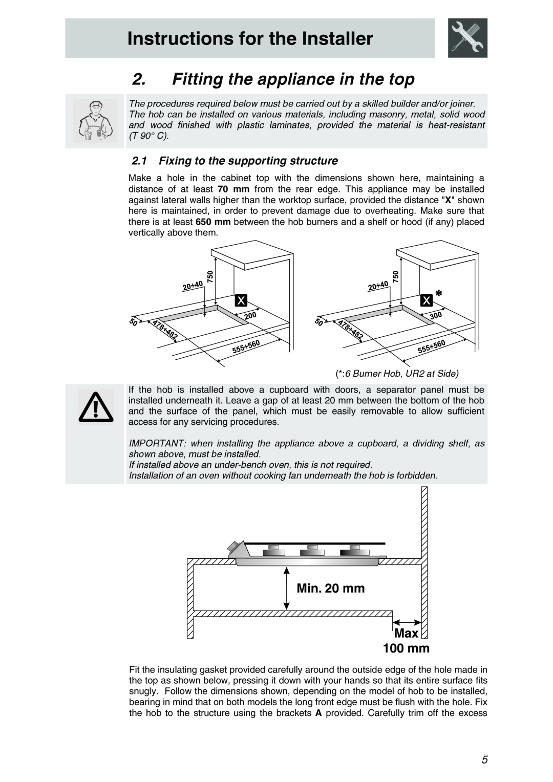 Smeg PTSA605-3 manual Instructions for the Installer, Fitting the appliance in the top, Fixing to the supporting structure 
