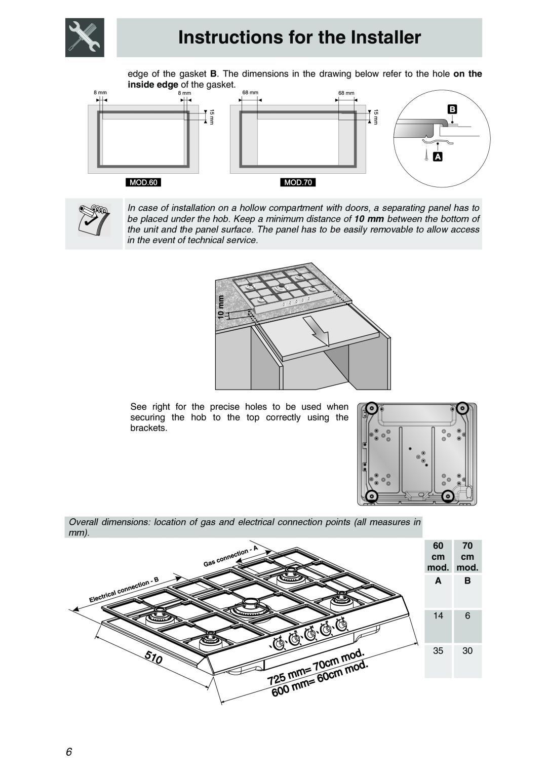 Smeg PTSA725X3, PTSA727X5, PTSA726X5, PTSA605-3 manual 60 70 cm cm mod. mod A B, Instructions for the Installer 