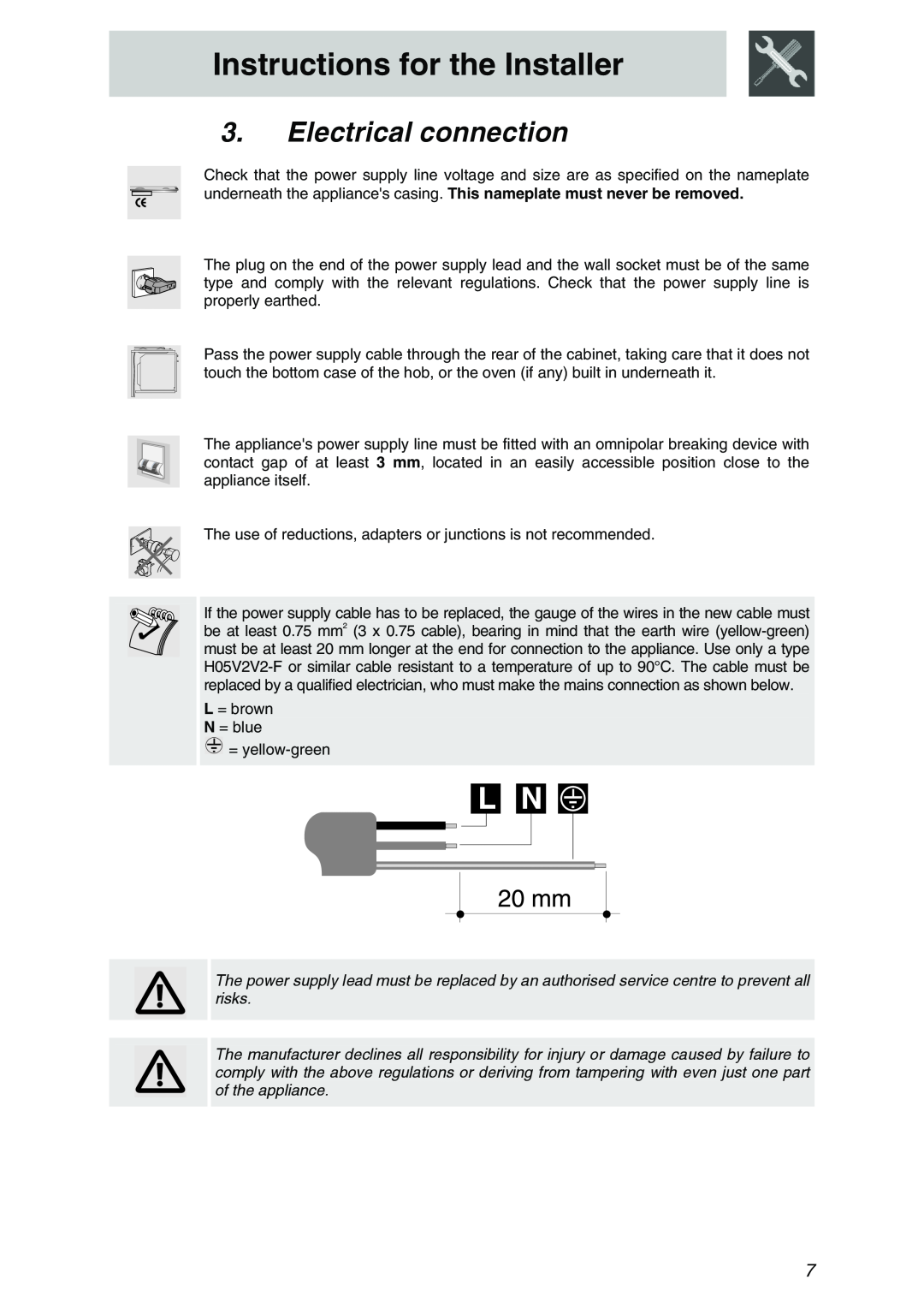 Smeg PTSA727X5, PTSA725X3, PTSA726X5, PTSA605-3 manual Electrical connection, Instructions for the Installer 