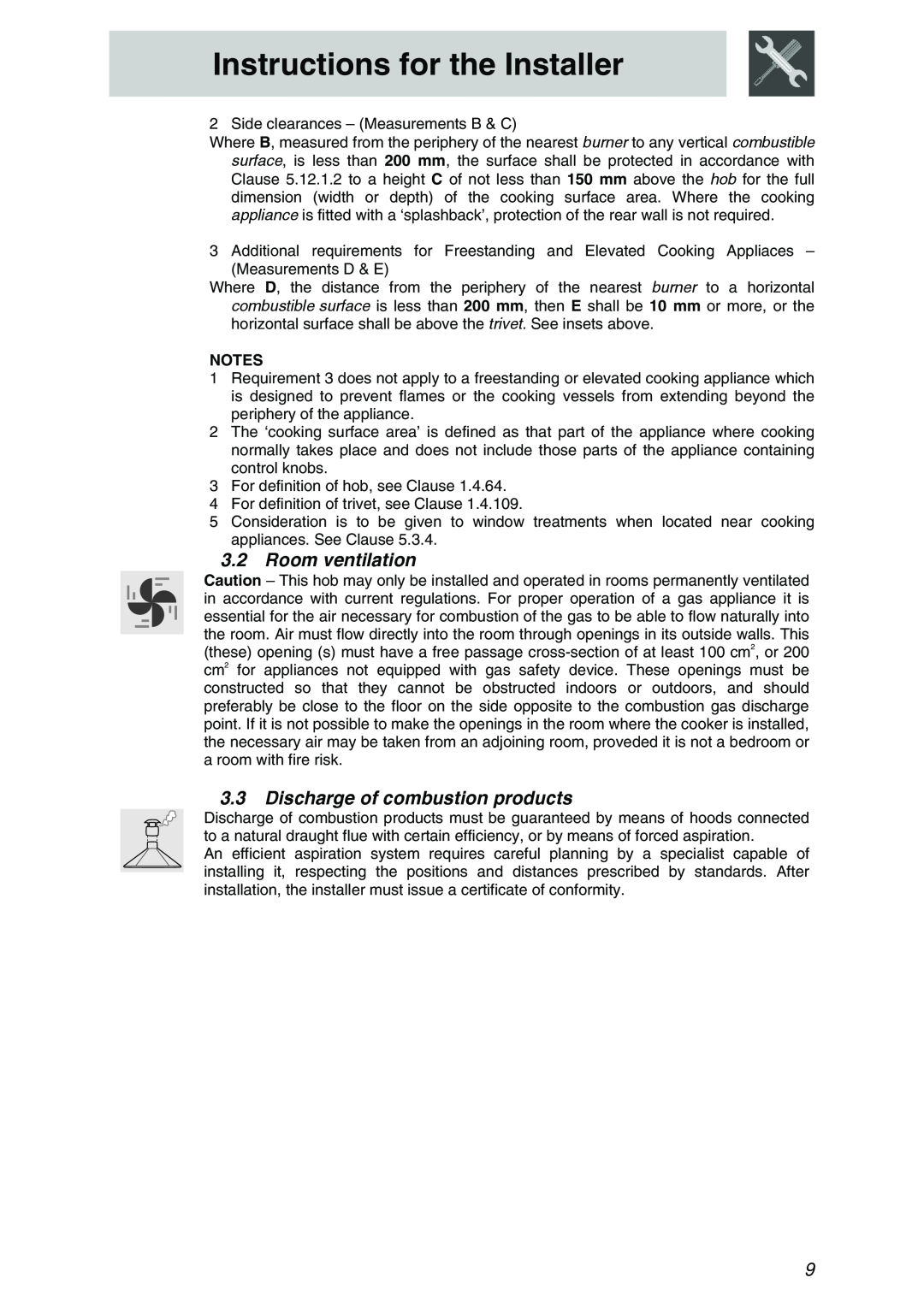 Smeg PTSA605-3, PTSA725X3, PTSA727X5 Room ventilation, Discharge of combustion products, Instructions for the Installer 