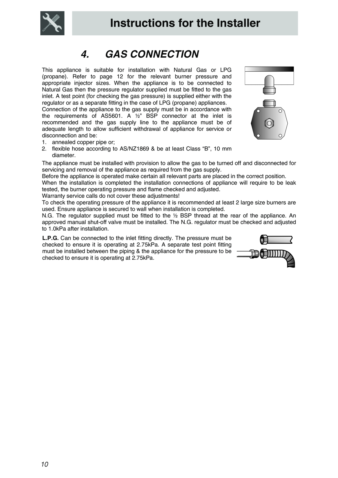 Smeg PTSA725X3, PTSA727X5, PTSA726X5, PTSA605-3 manual Gas Connection, Instructions for the Installer 