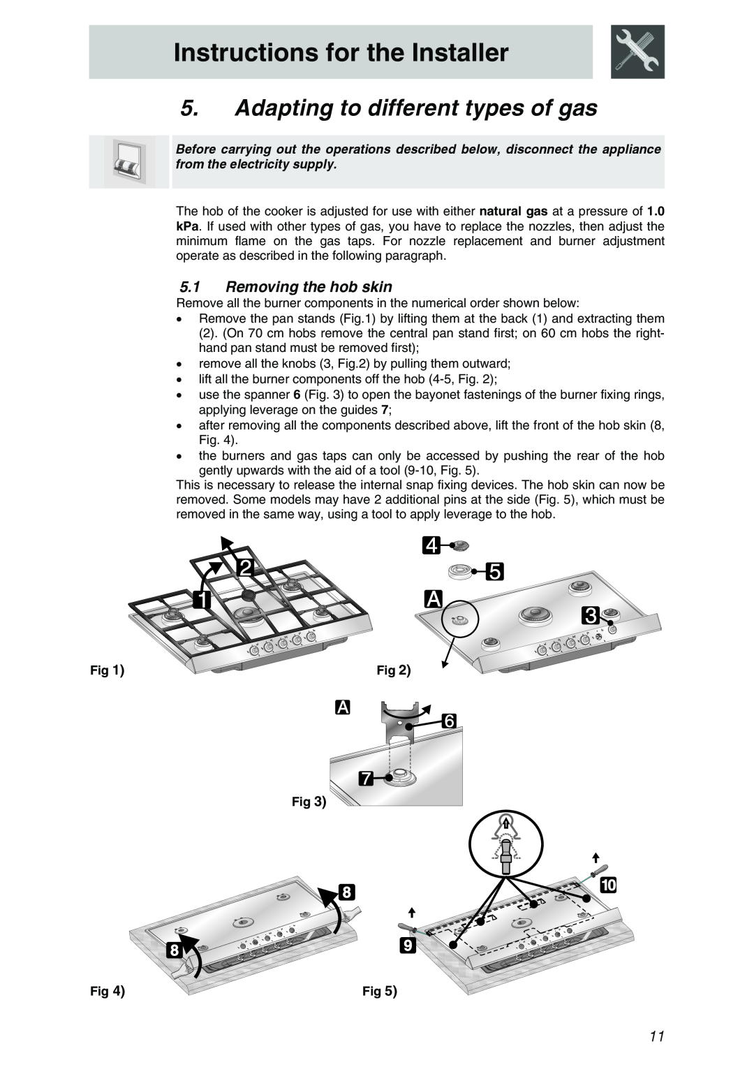 Smeg PTSA727X5, PTSA725X3 manual Adapting to different types of gas, Removing the hob skin, Instructions for the Installer 