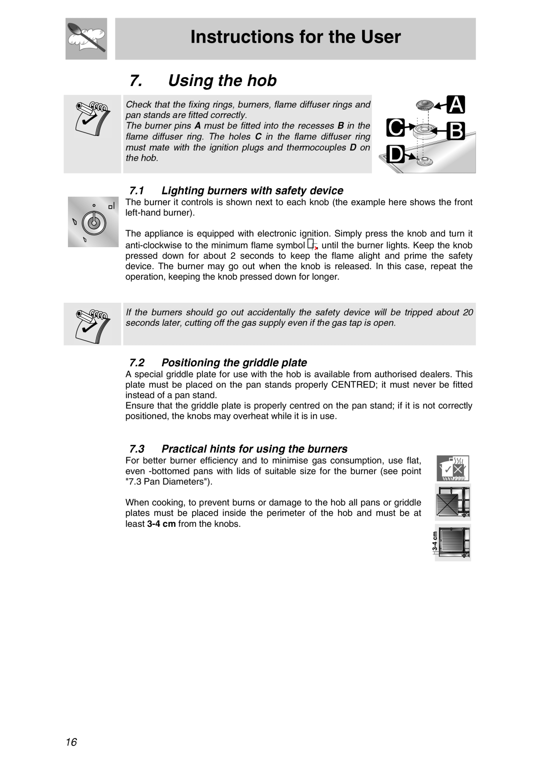 Smeg PTSA727X Using the hob, Lighting burners with safety device, Positioning the griddle plate, Instructions for the User 
