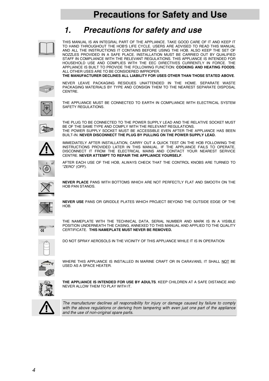 Smeg PTSA727X manual Precautions for Safety and Use, Precautions for safety and use 