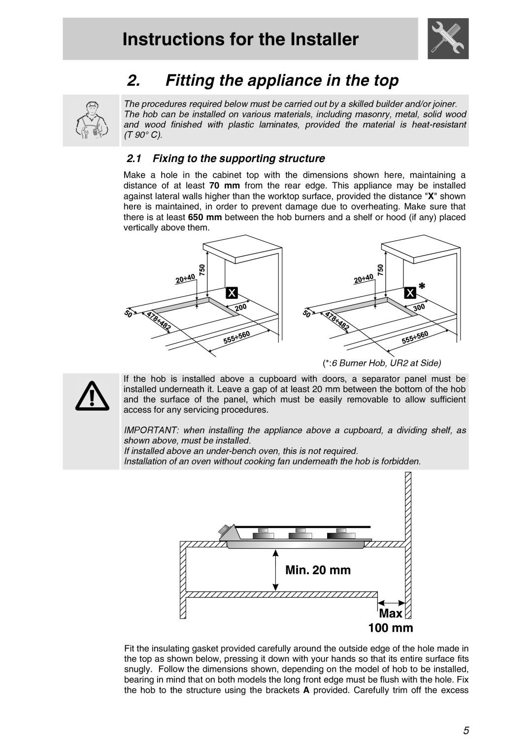 Smeg PTSA727X manual Instructions for the Installer, Fitting the appliance in the top, Fixing to the supporting structure 